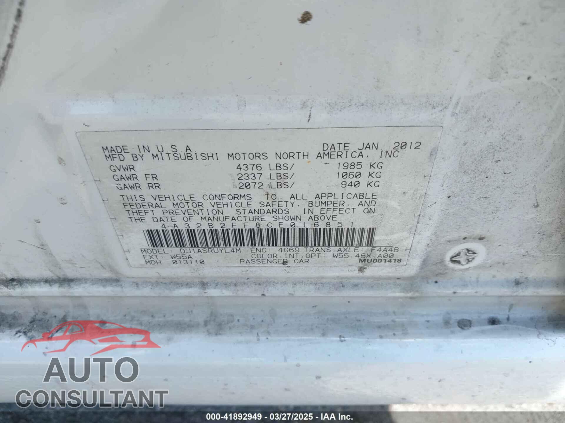 MITSUBISHI GALANT 2012 - 4A32B2FF8CE016851