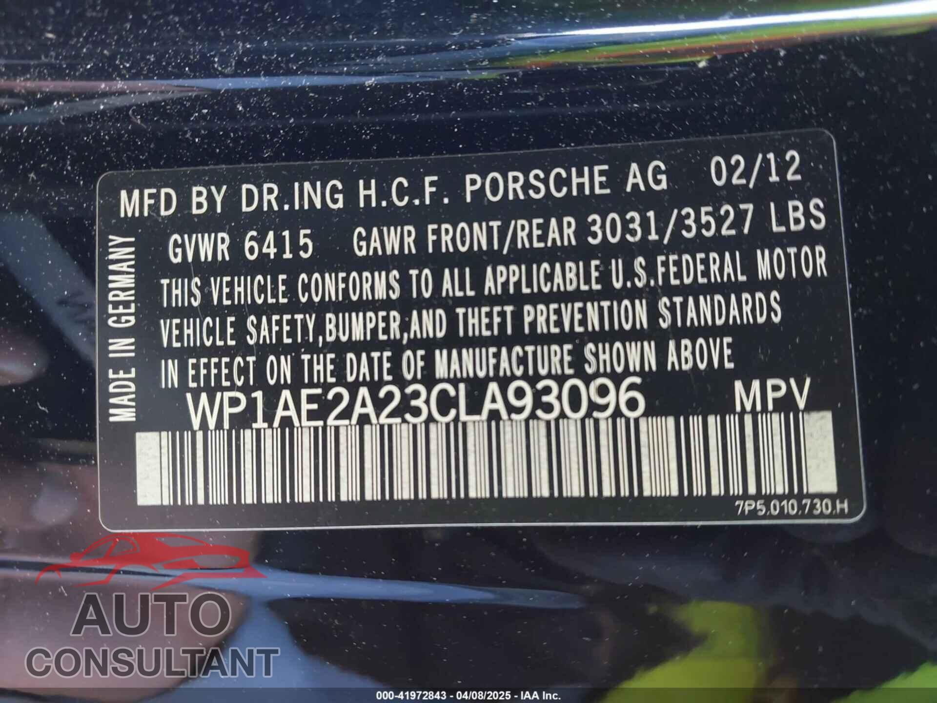 PORSCHE CAYENNE HYBRID 2012 - WP1AE2A23CLA93096