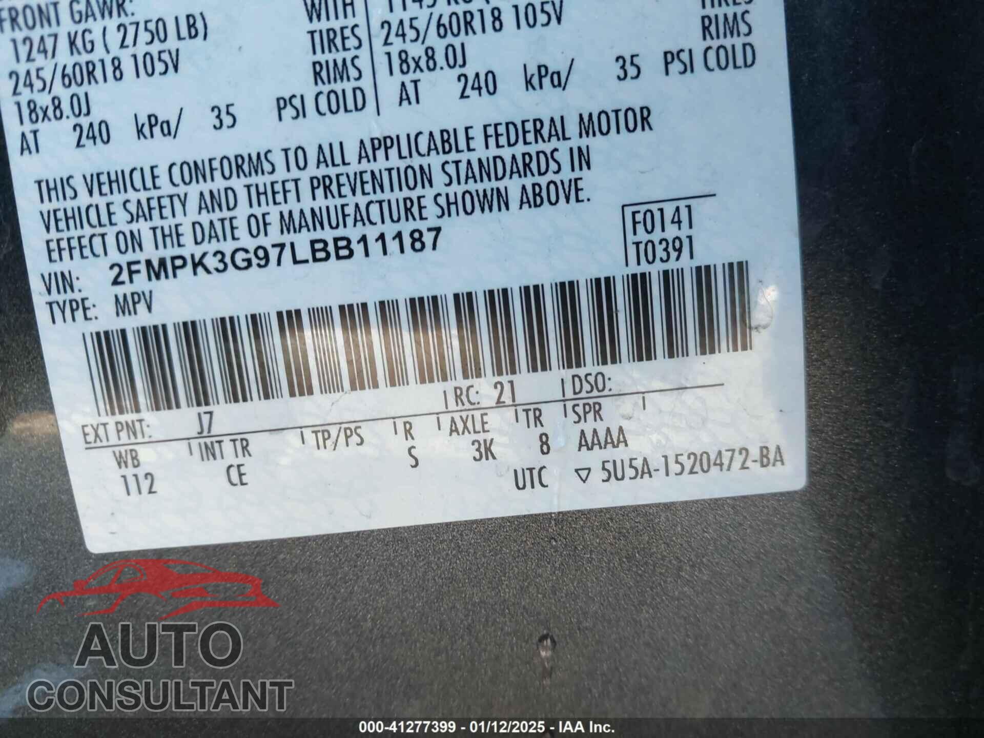 FORD EDGE 2020 - 2FMPK3G97LBB11187