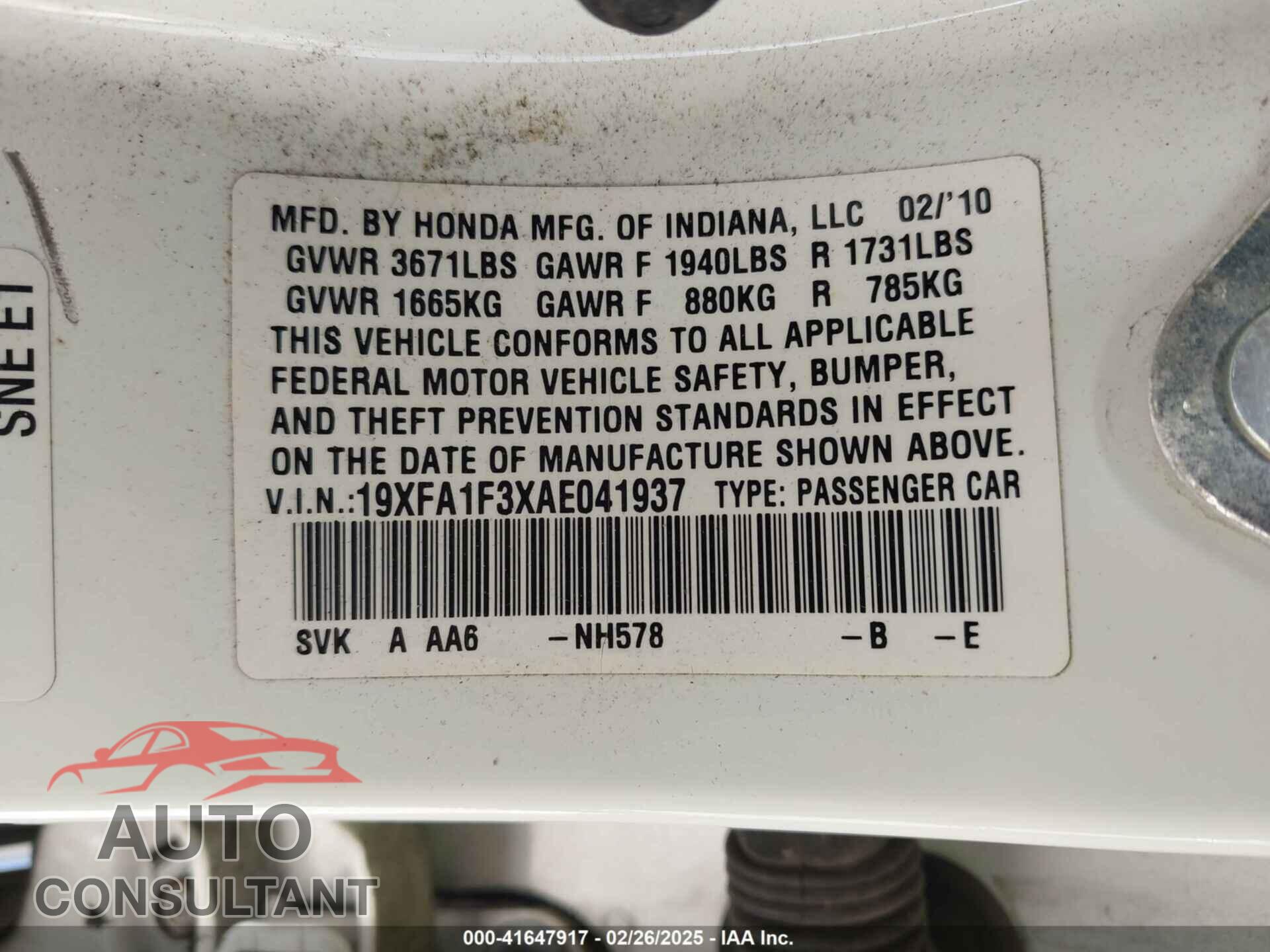 HONDA CIVIC 2010 - 19XFA1F3XAE041937