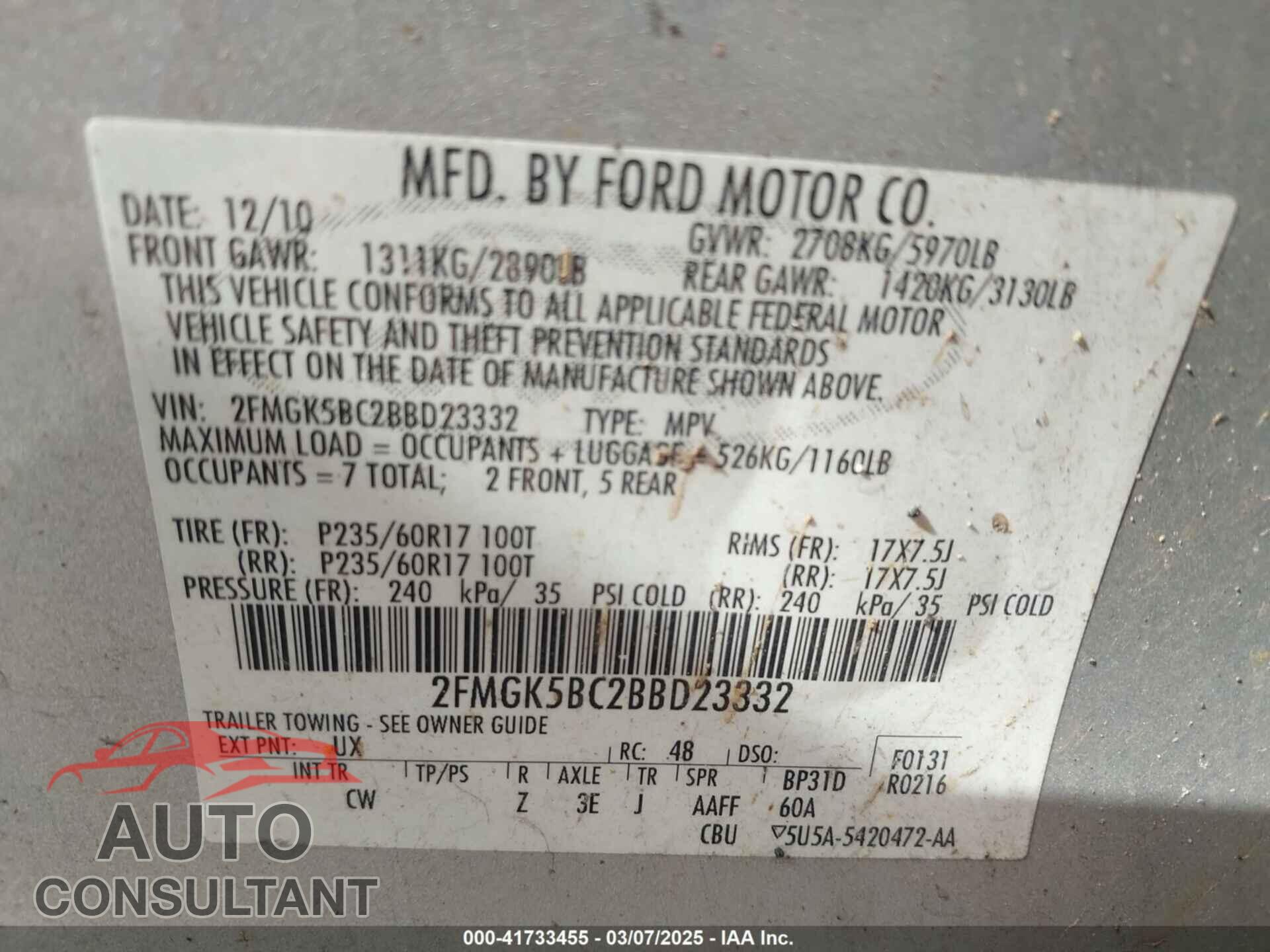 FORD FLEX 2011 - 2FMGK5BC2BBD23332