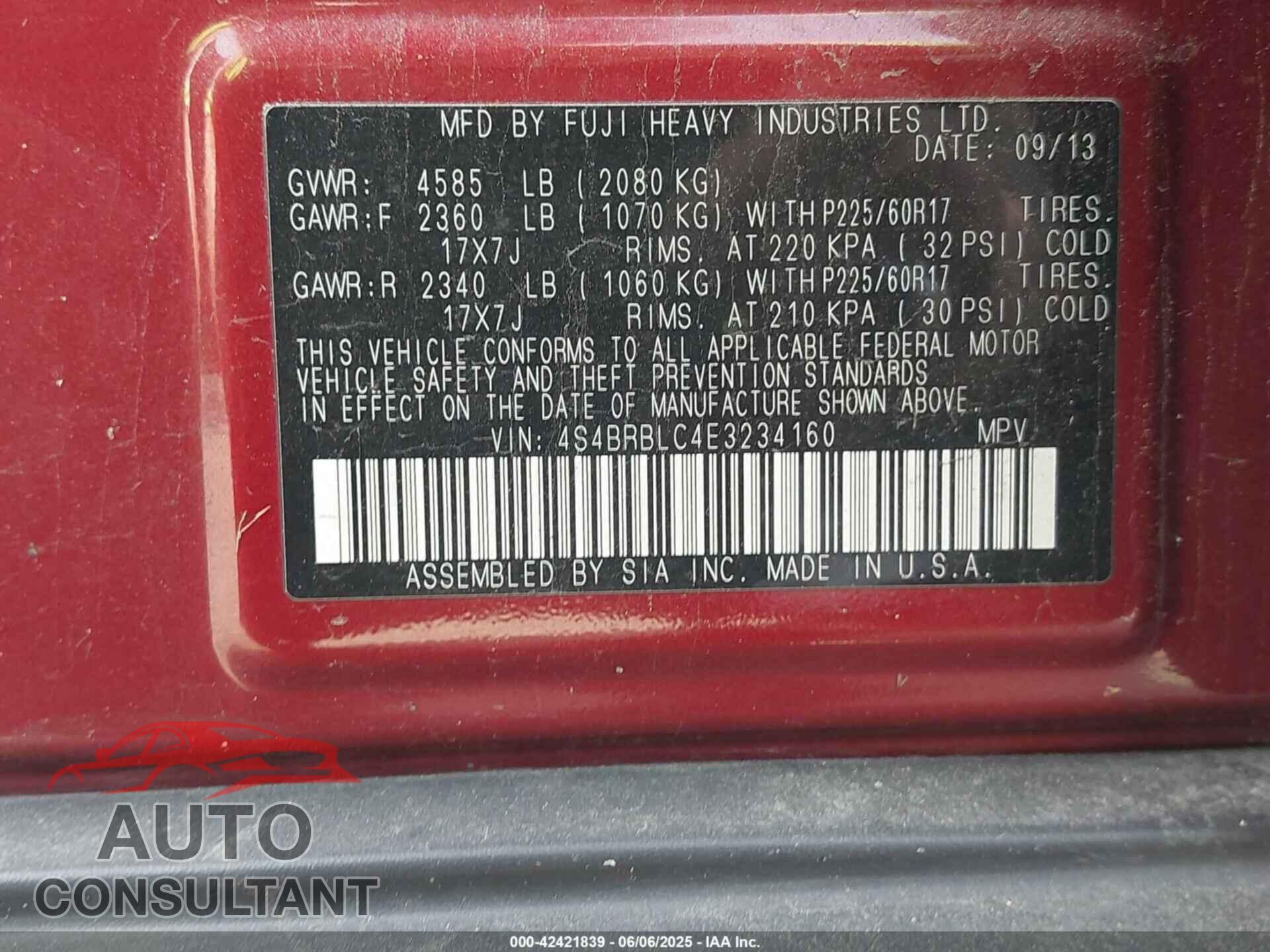 SUBARU OUTBACK 2014 - 4S4BRBLC4E3234160