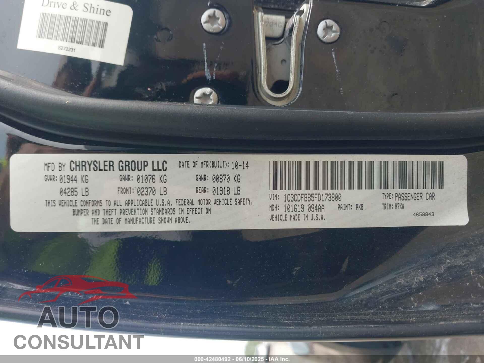 DODGE DART 2015 - 1C3CDFBB5FD173800