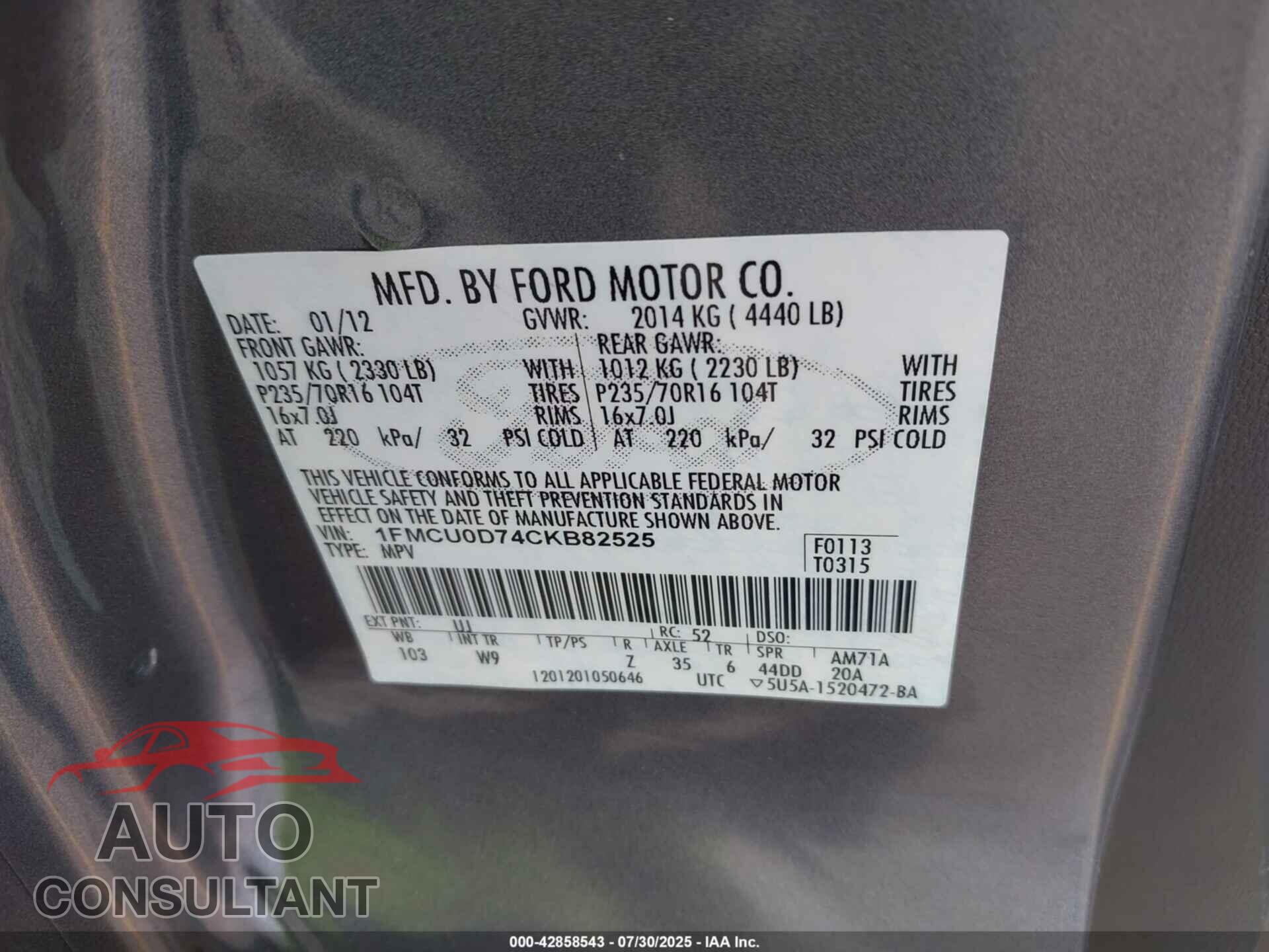 FORD ESCAPE 2012 - 1FMCU0D74CKB82525