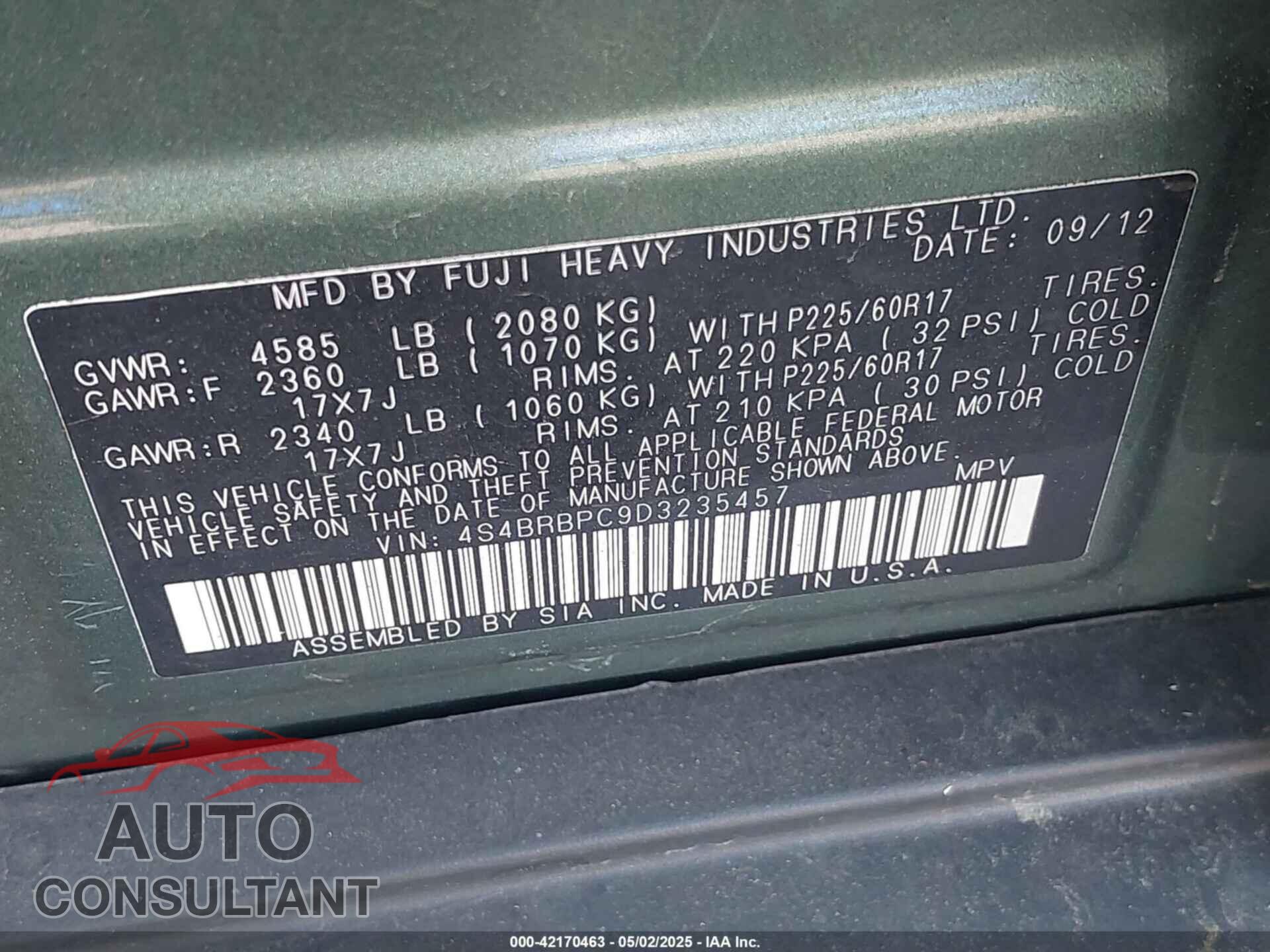 SUBARU OUTBACK 2013 - 4S4BRBPC9D3235457