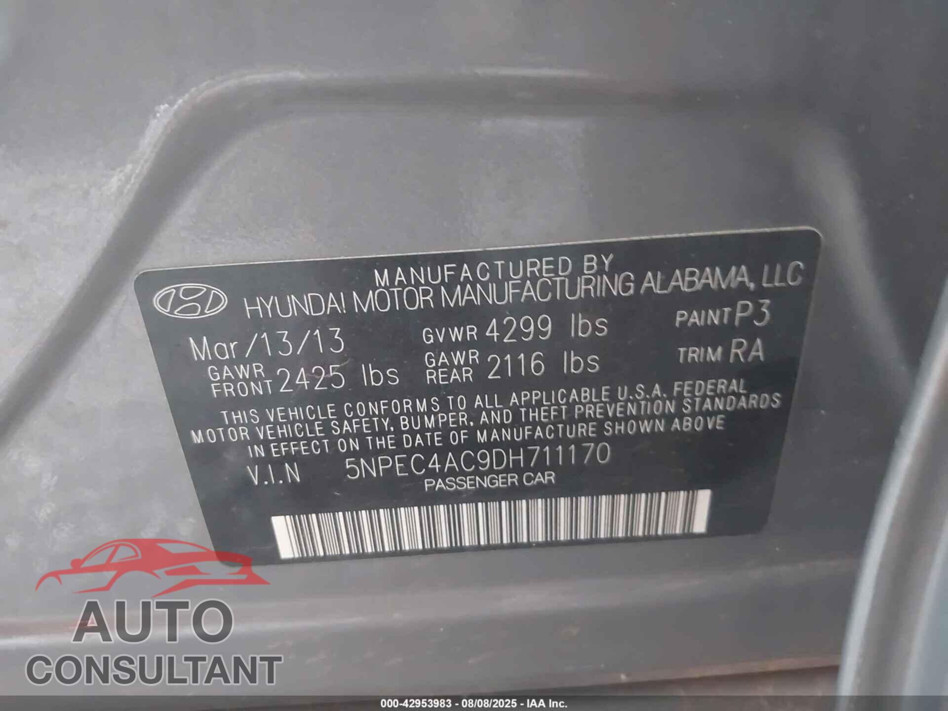 HYUNDAI SONATA 2013 - 5NPEC4AC9DH711170