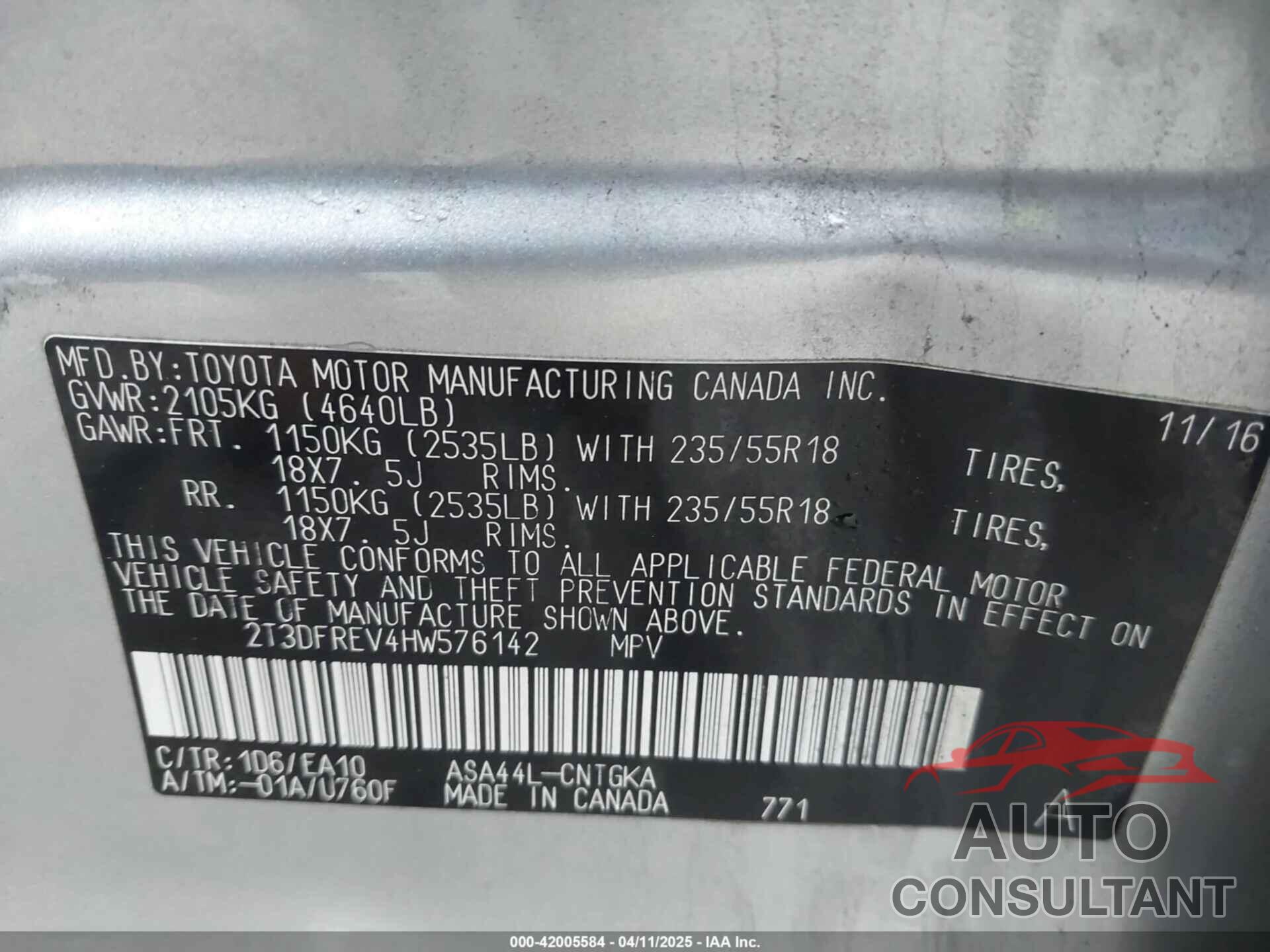 TOYOTA RAV4 2017 - 2T3DFREV4HW576142