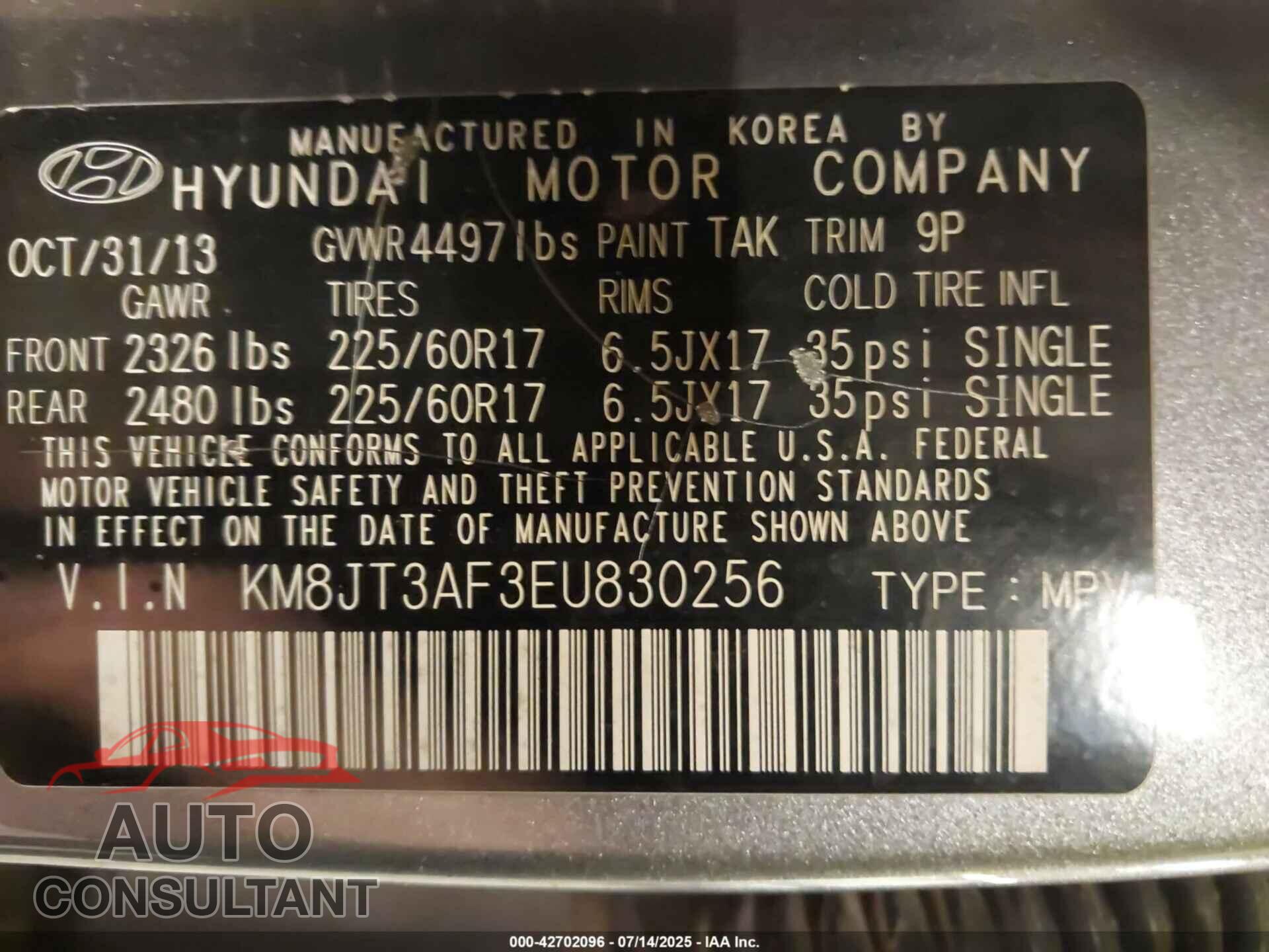 HYUNDAI TUCSON 2014 - KM8JT3AF3EU830256