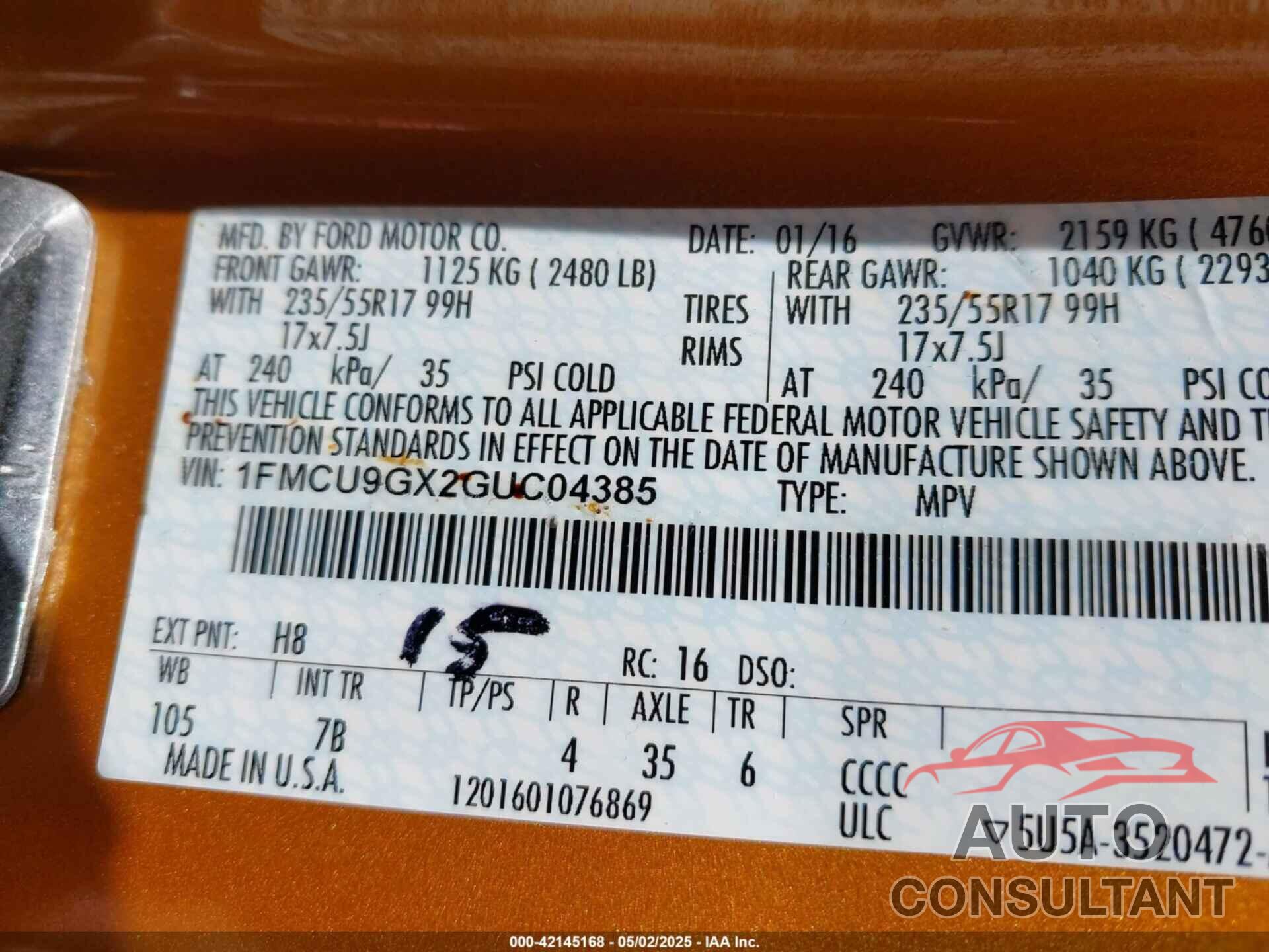 FORD ESCAPE 2016 - 1FMCU9GX2GUC04385