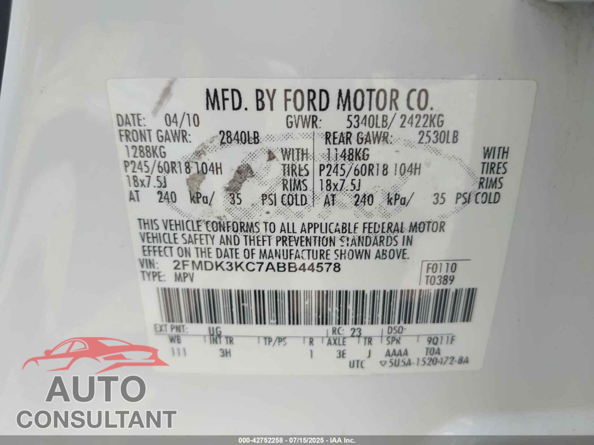 FORD EDGE 2010 - 2FMDK3KC7ABB44578