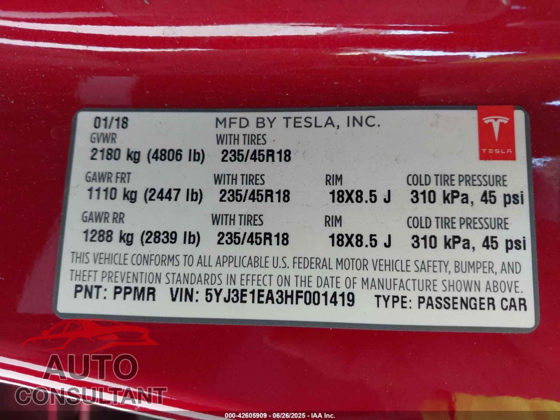 TESLA MODEL 3 2017 - 5YJ3E1EA3HF001419