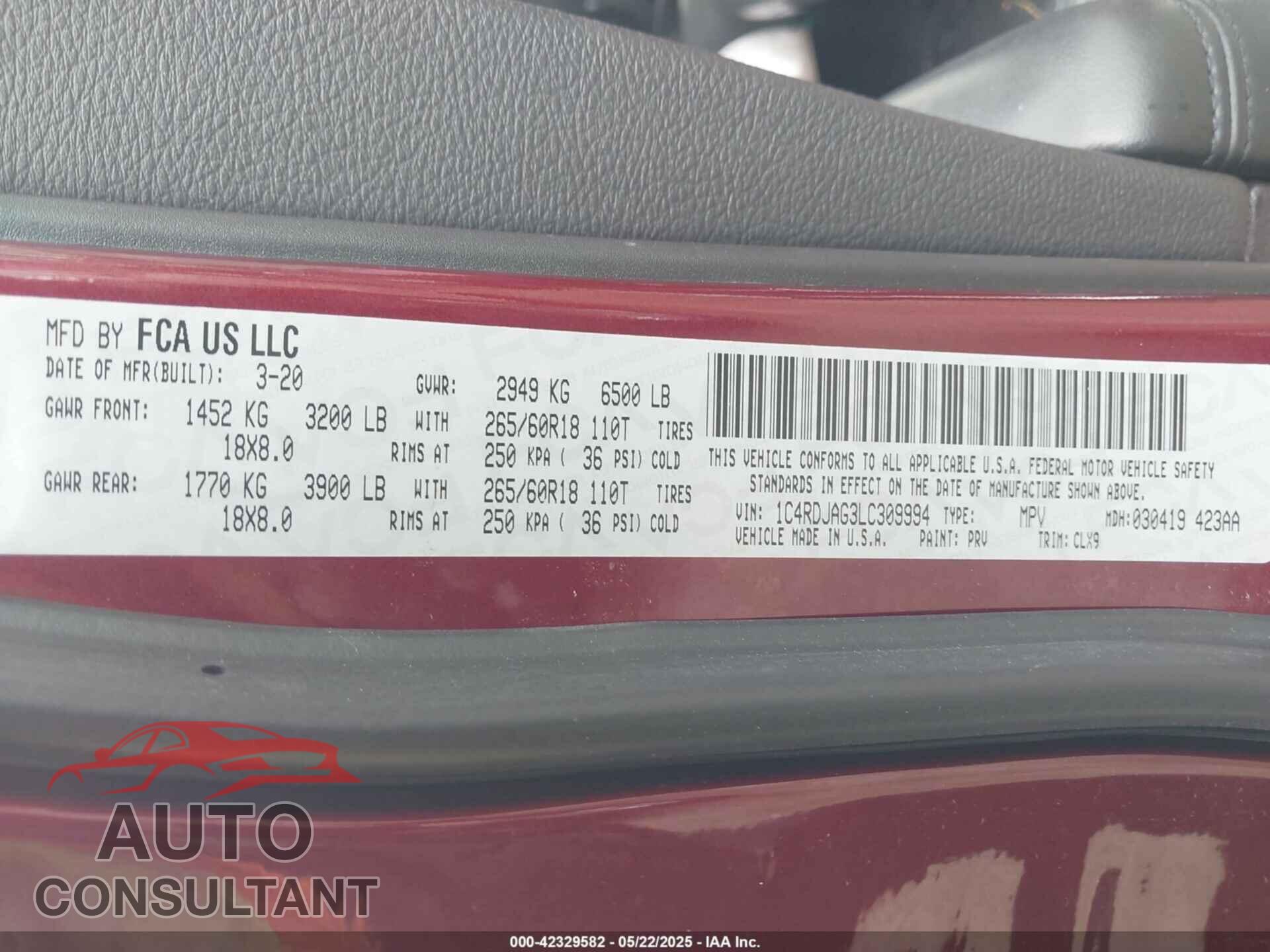 DODGE DURANGO 2020 - 1C4RDJAG3LC309994