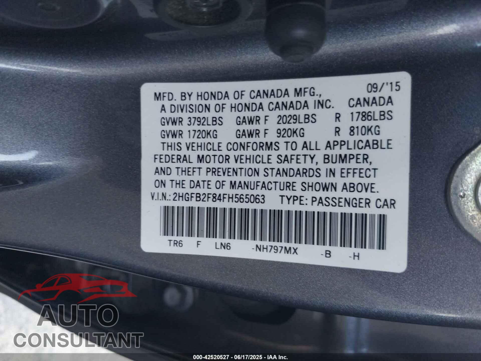 HONDA CIVIC 2015 - 2HGFB2F84FH565063