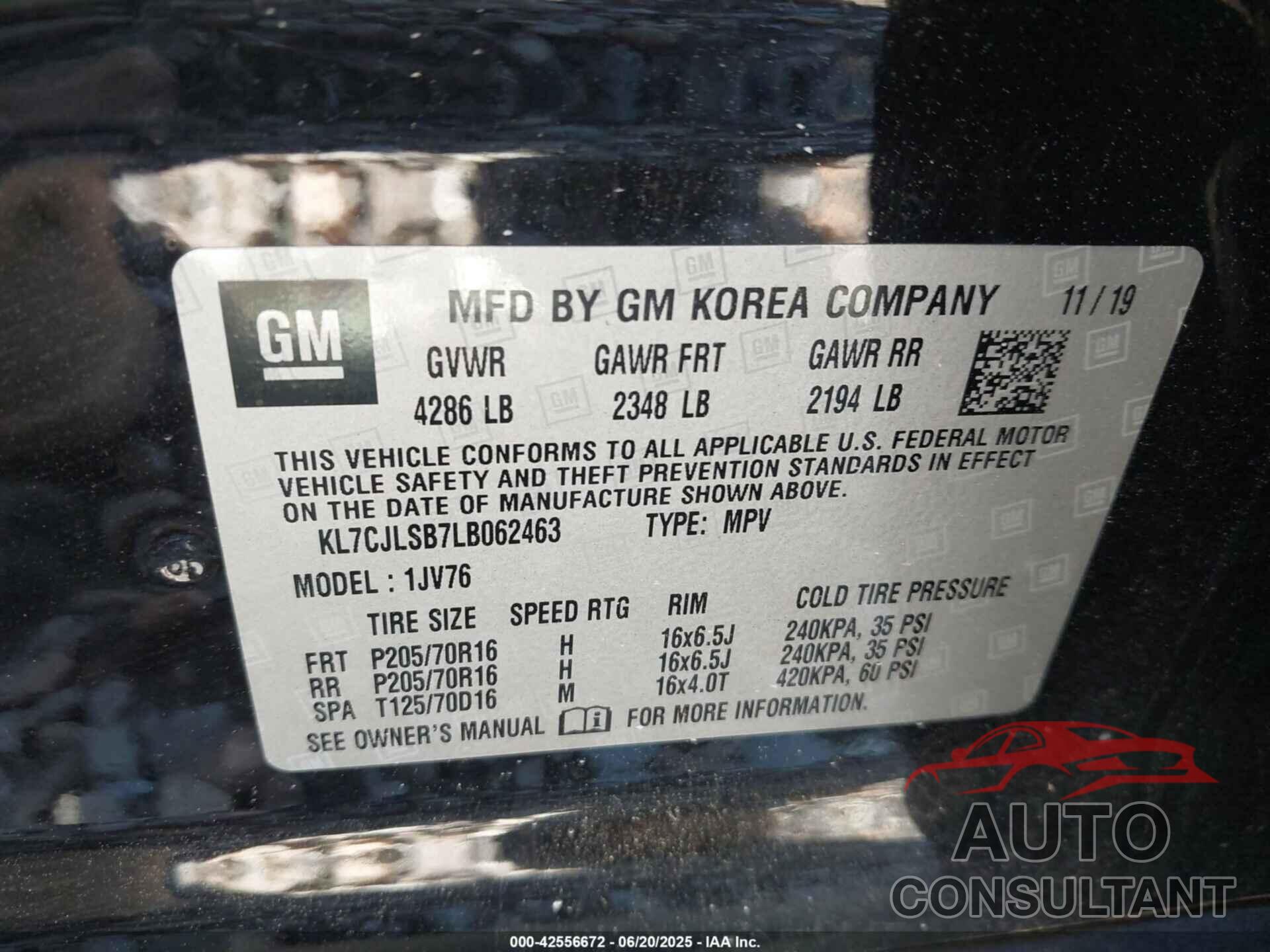CHEVROLET TRAX 2020 - KL7CJLSB7LB062463