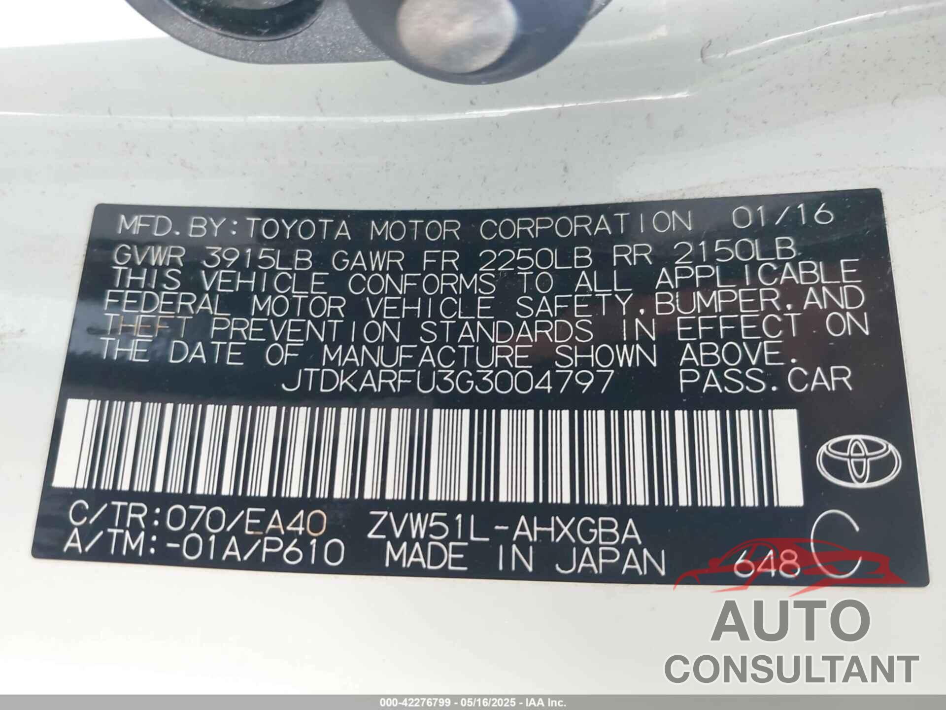 TOYOTA PRIUS 2016 - JTDKARFU3G3004797