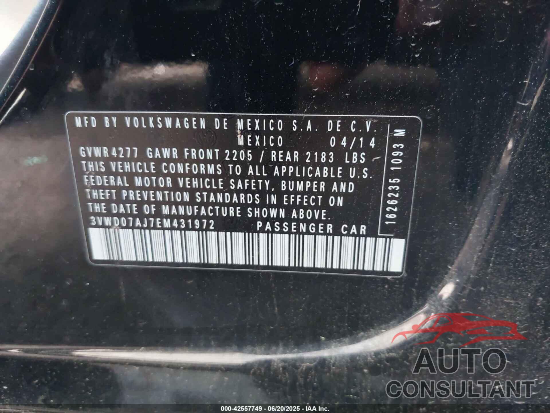 VOLKSWAGEN JETTA 2014 - 3VWD07AJ7EM431972