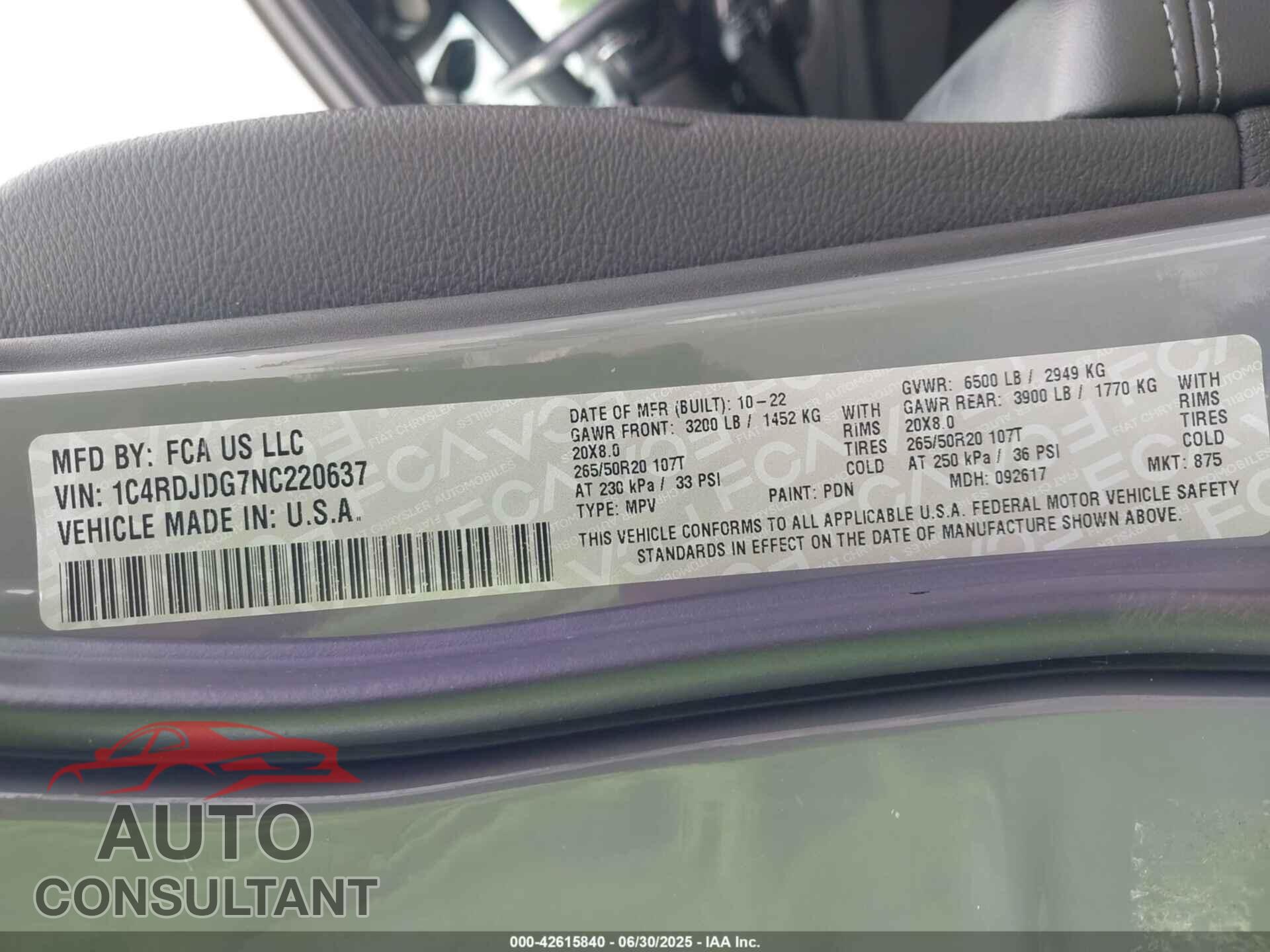 DODGE DURANGO 2022 - 1C4RDJDG7NC220637