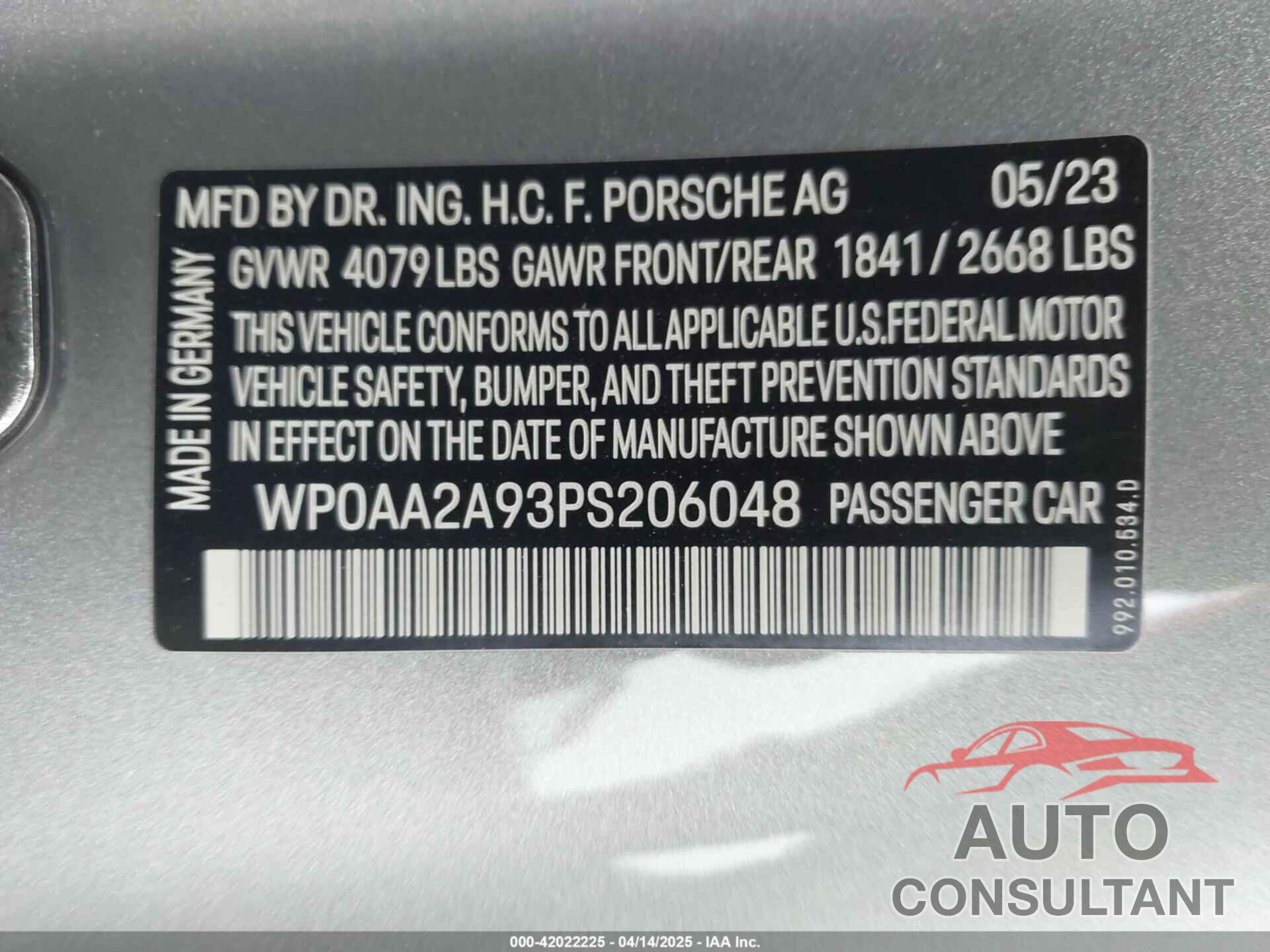 PORSCHE 911 2023 - WP0AA2A93PS206048