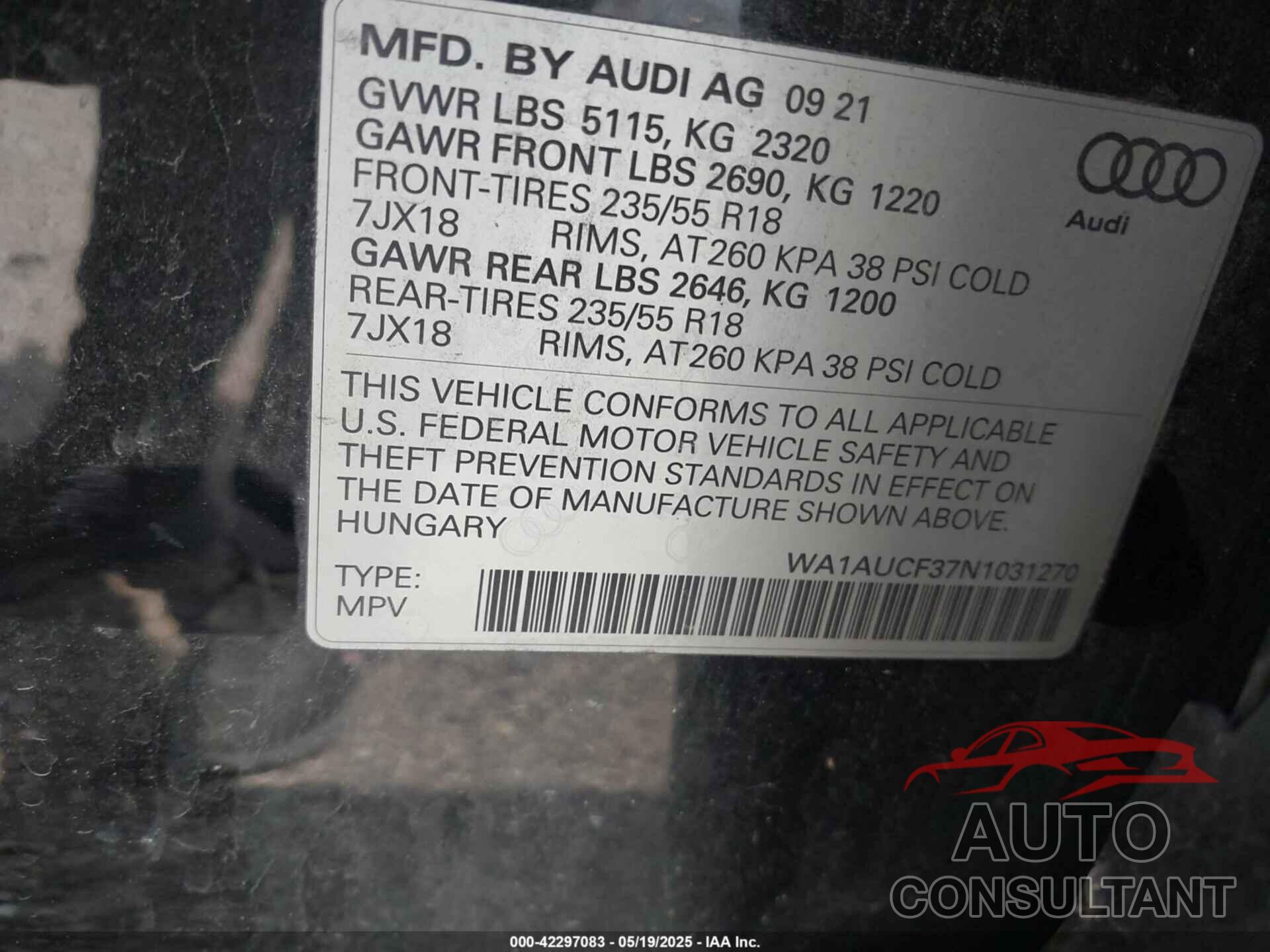 AUDI Q3 2022 - WA1AUCF37N1031270