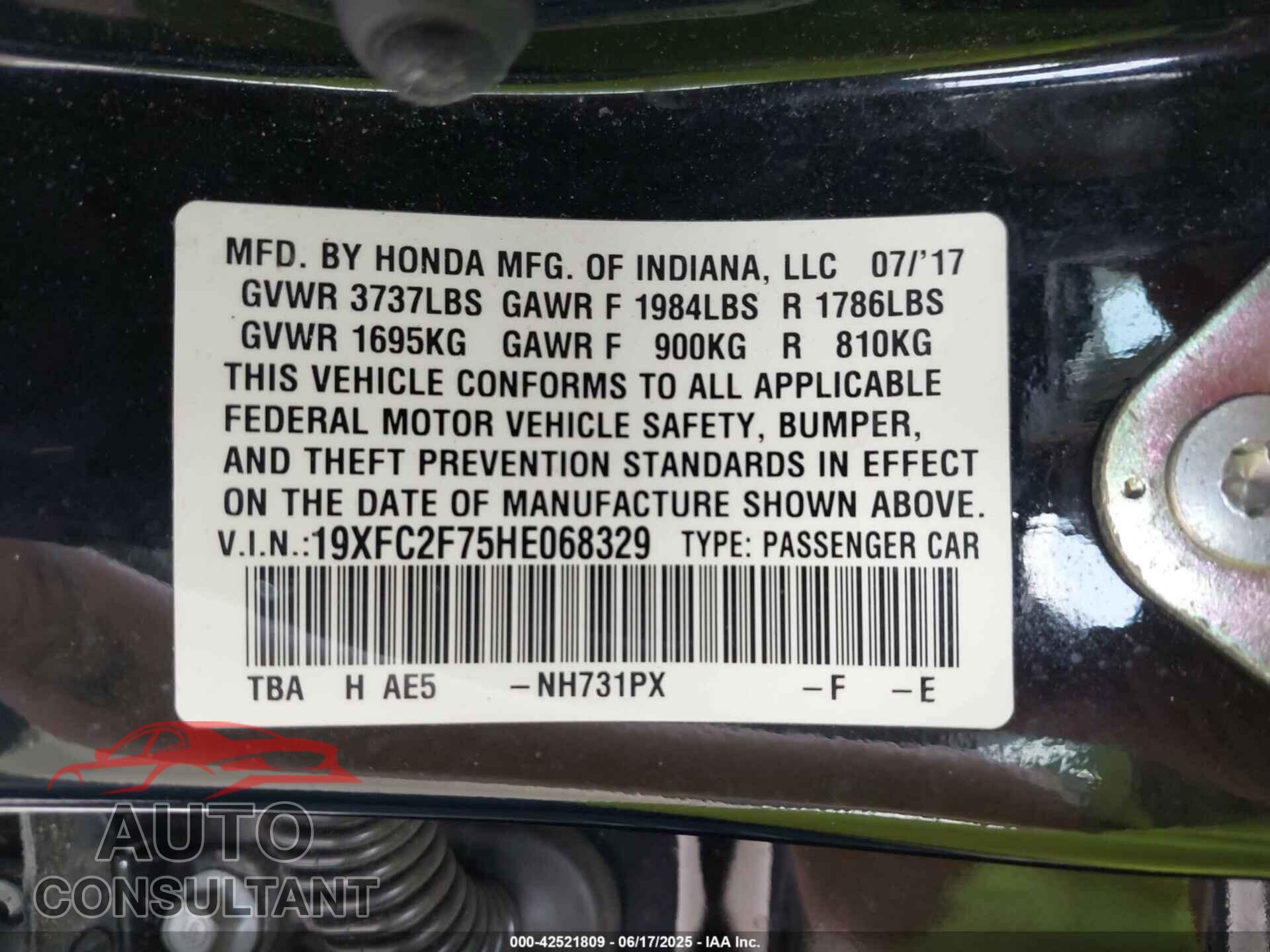 HONDA CIVIC 2017 - 19XFC2F75HE068329