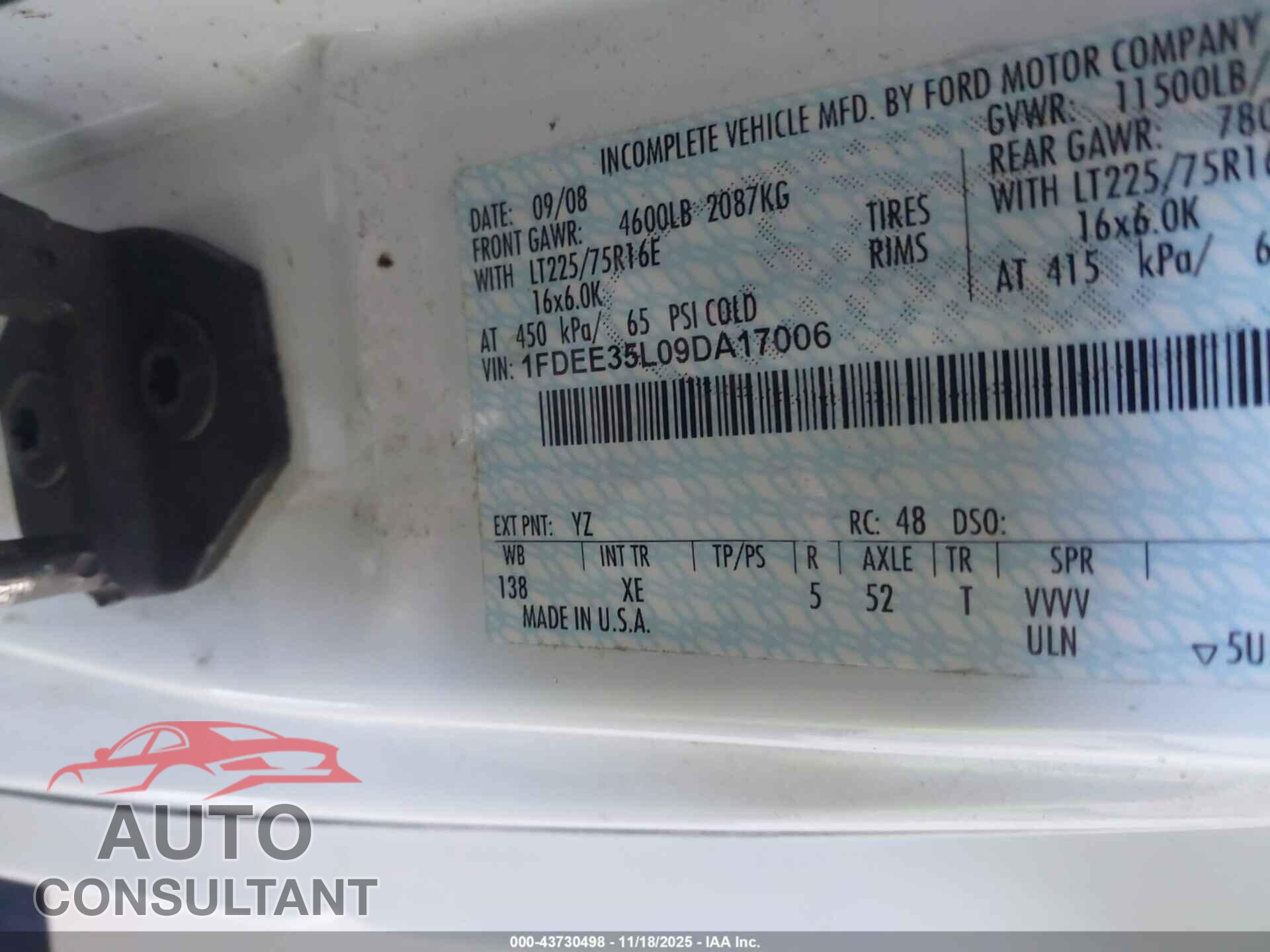 FORD E-350 CUTAWAY 2009 - 1FDEE35L09DA17006