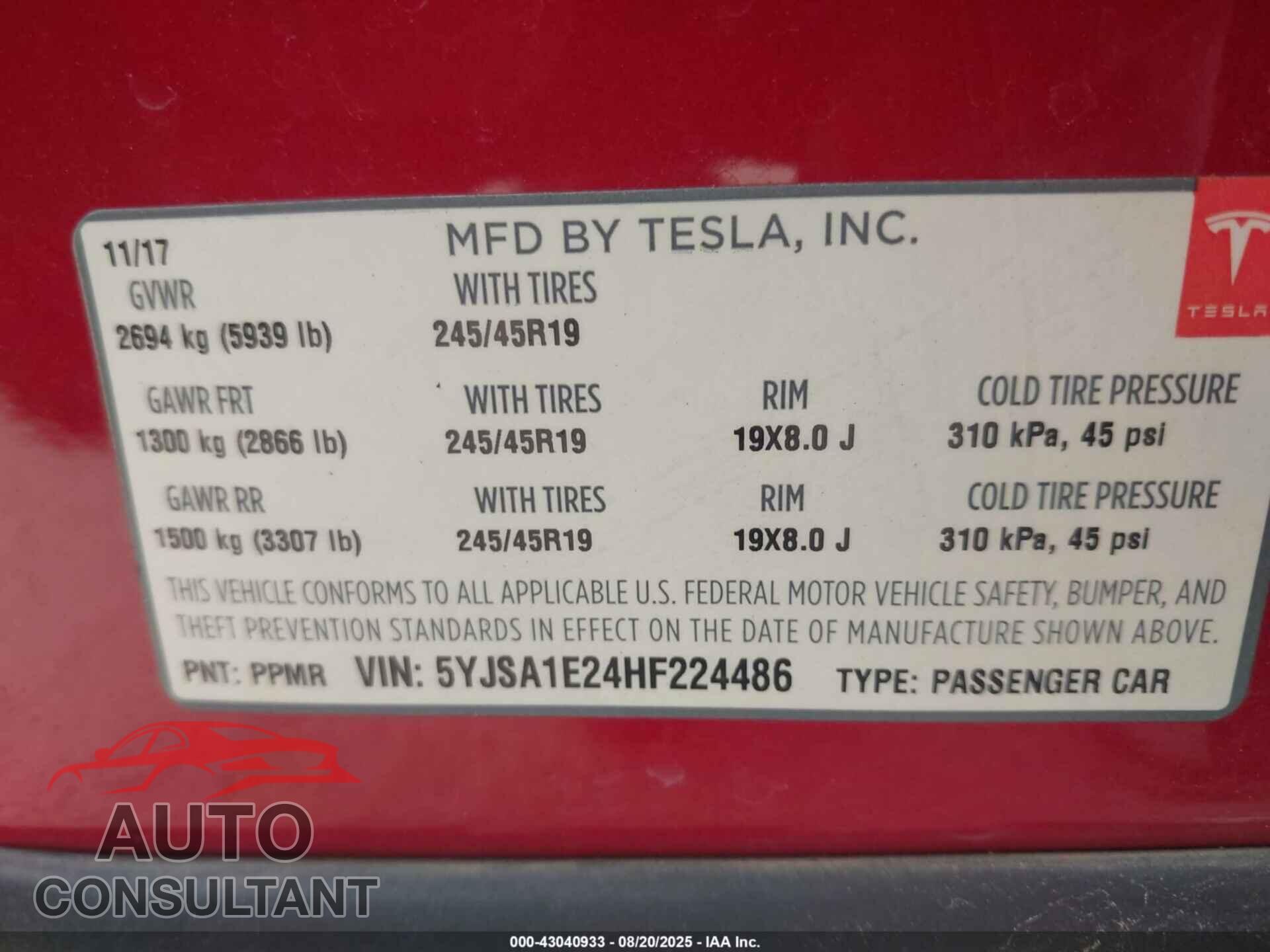 TESLA MODEL S 2017 - 5YJSA1E24HF224486