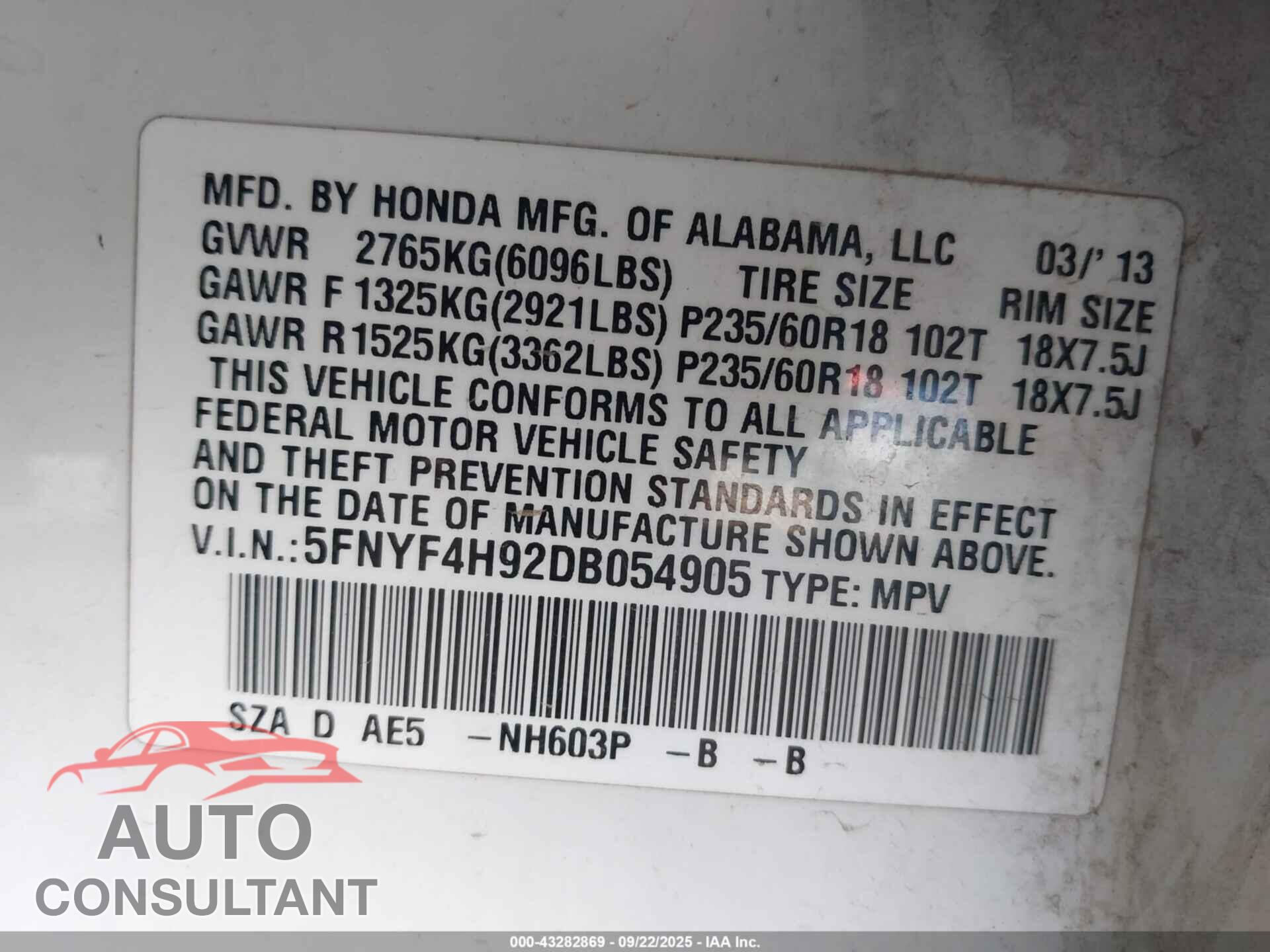 HONDA PILOT 2013 - 5FNYF4H92DB054905