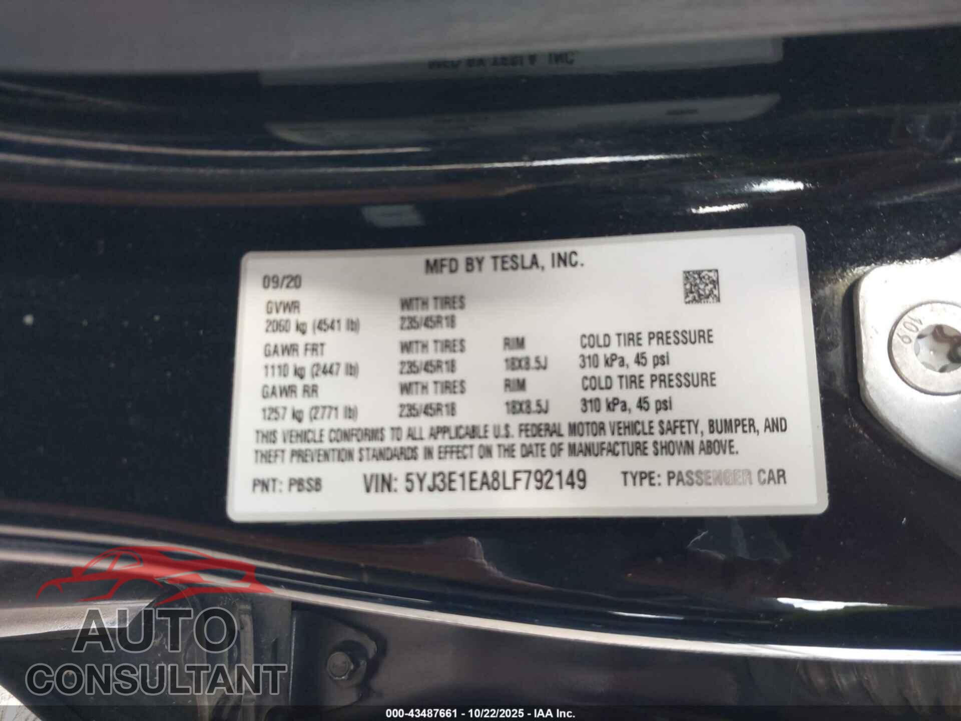 TESLA MODEL 3 2020 - 5YJ3E1EA8LF792149