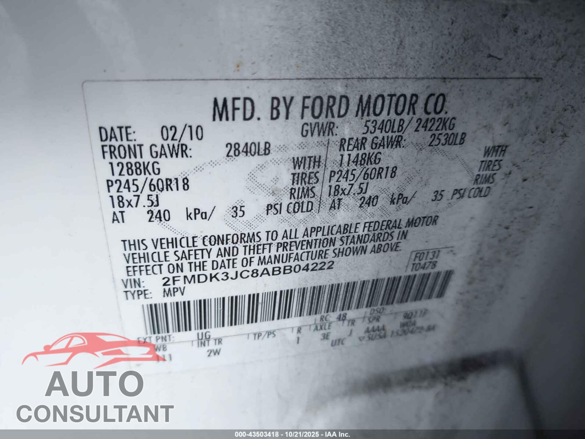 FORD EDGE 2010 - 2FMDK3JC8ABB04222