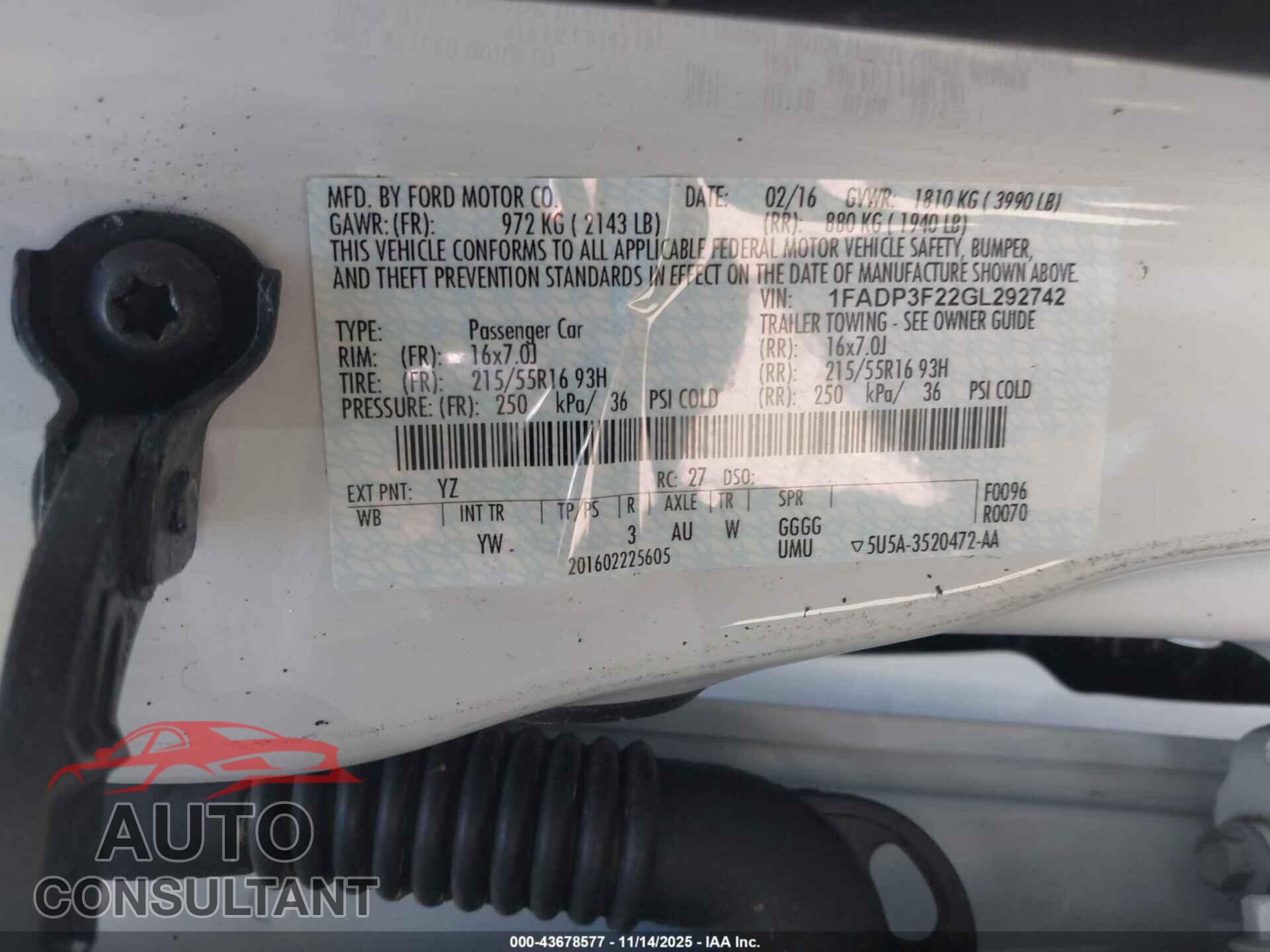 FORD FOCUS 2016 - 1FADP3F22GL292742