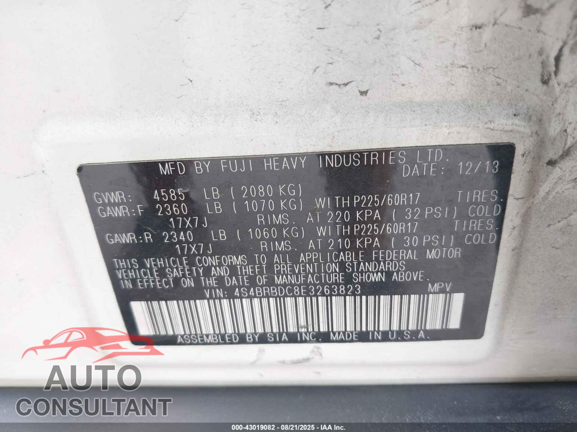 SUBARU OUTBACK 2014 - 4S4BRBDC8E3263823