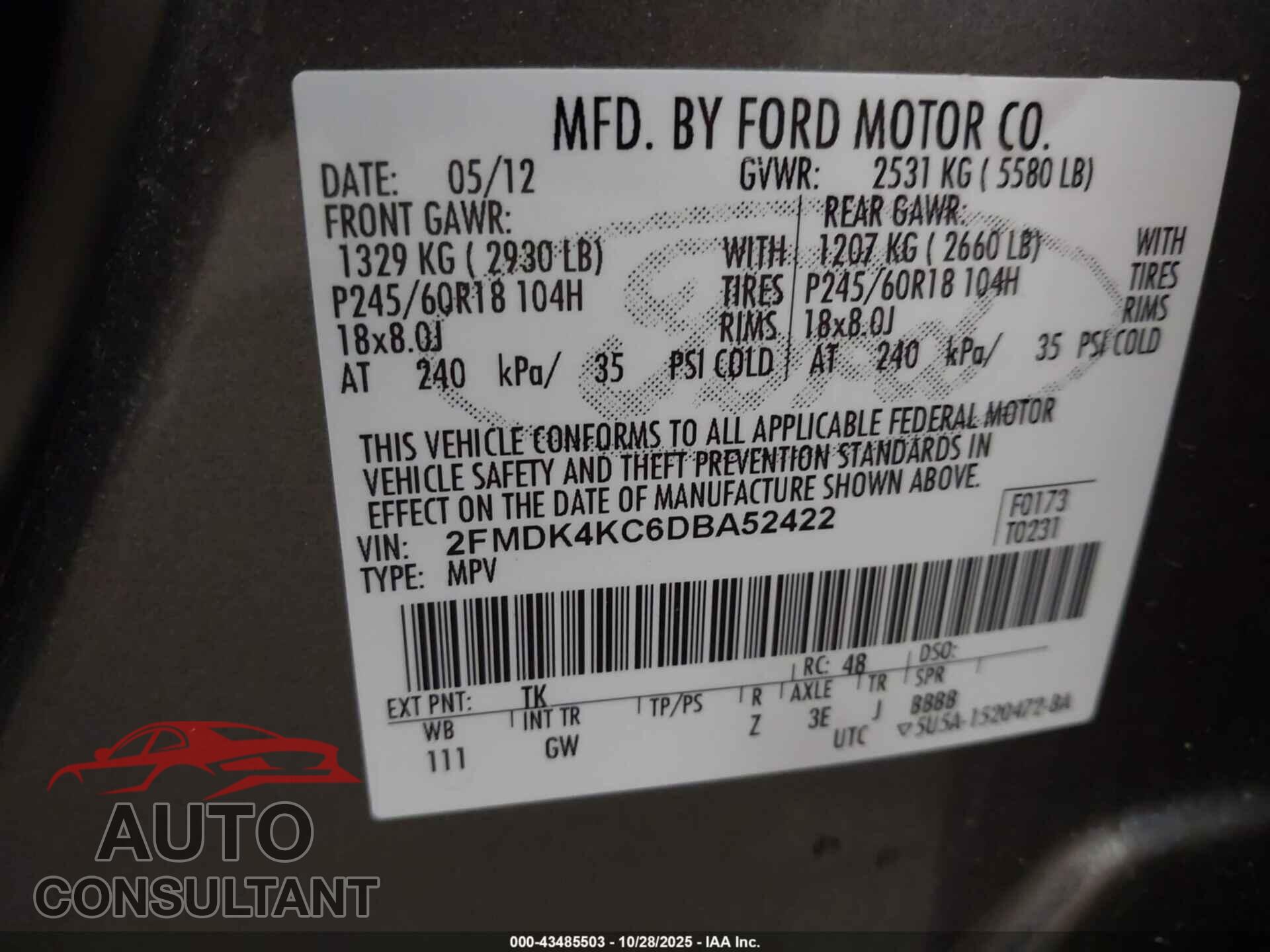 FORD EDGE 2013 - 2FMDK4KC6DBA52422