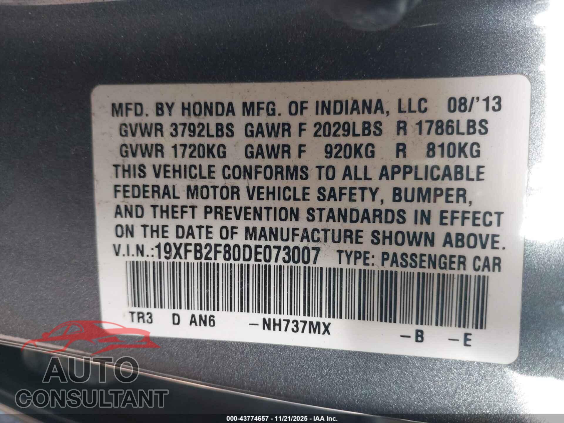 HONDA CIVIC 2013 - 19XFB2F80DE073007