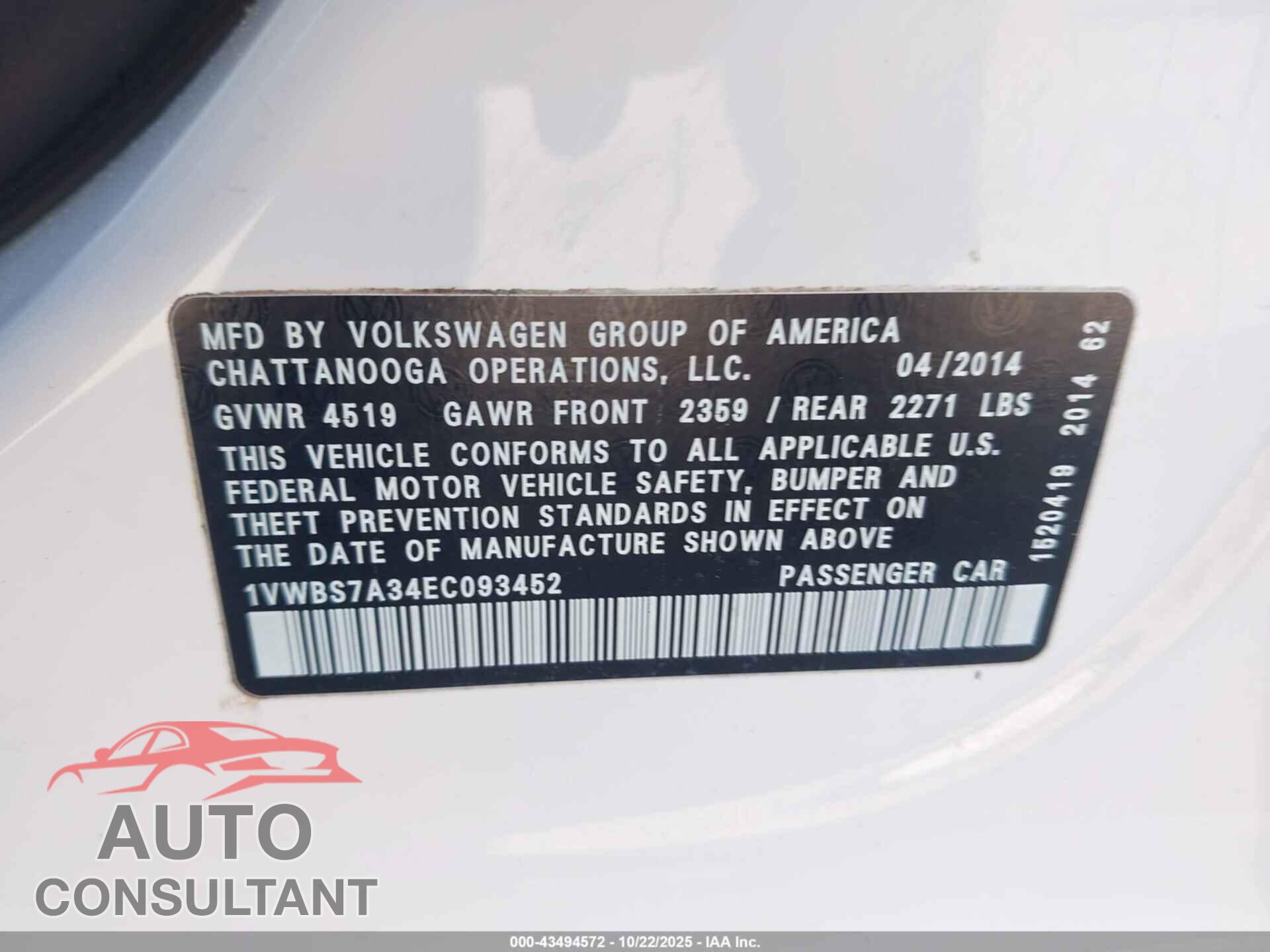 VOLKSWAGEN PASSAT 2014 - 1VWBS7A34EC093452