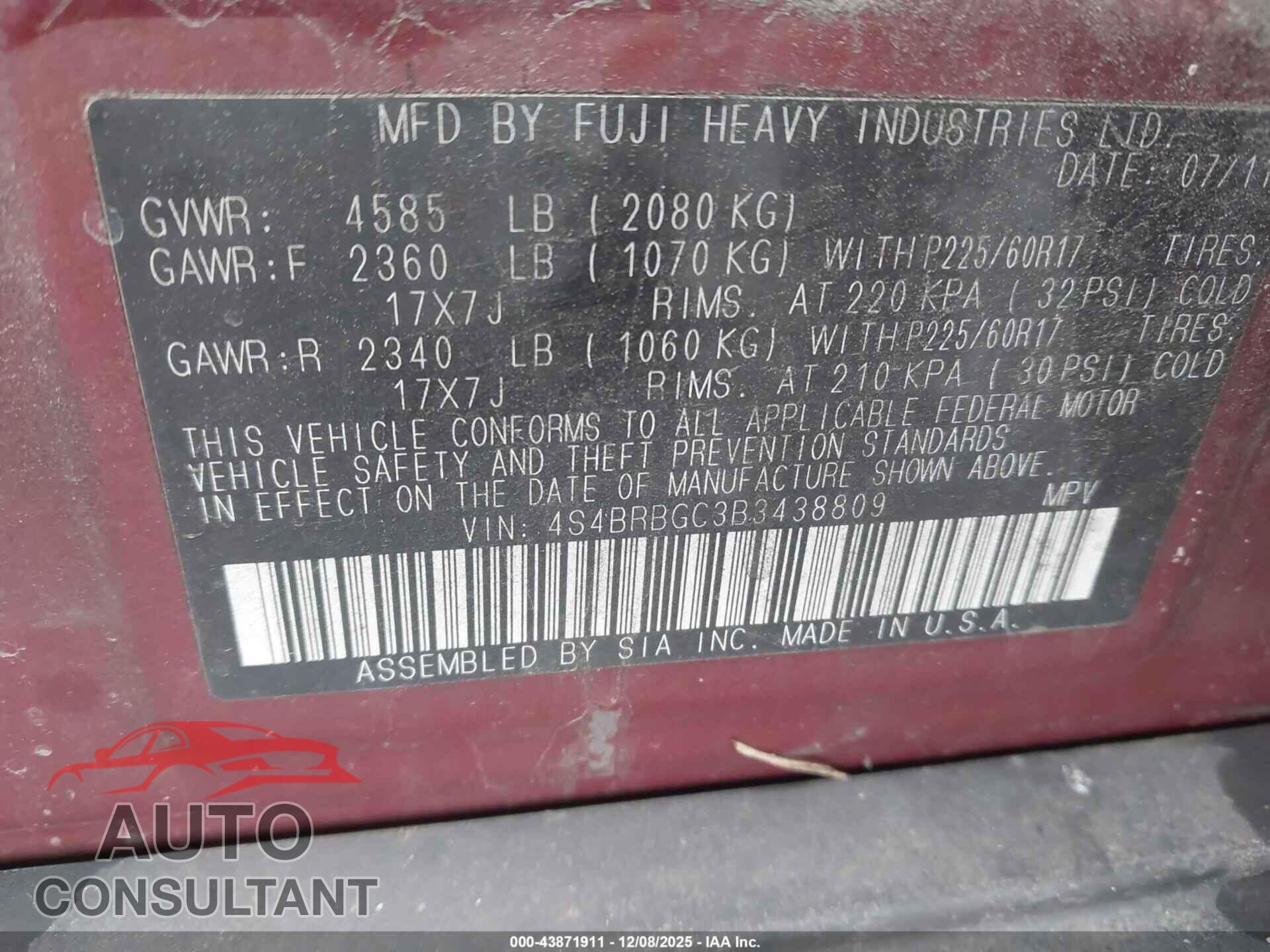SUBARU OUTBACK 2011 - 4S4BRBGC3B3438809