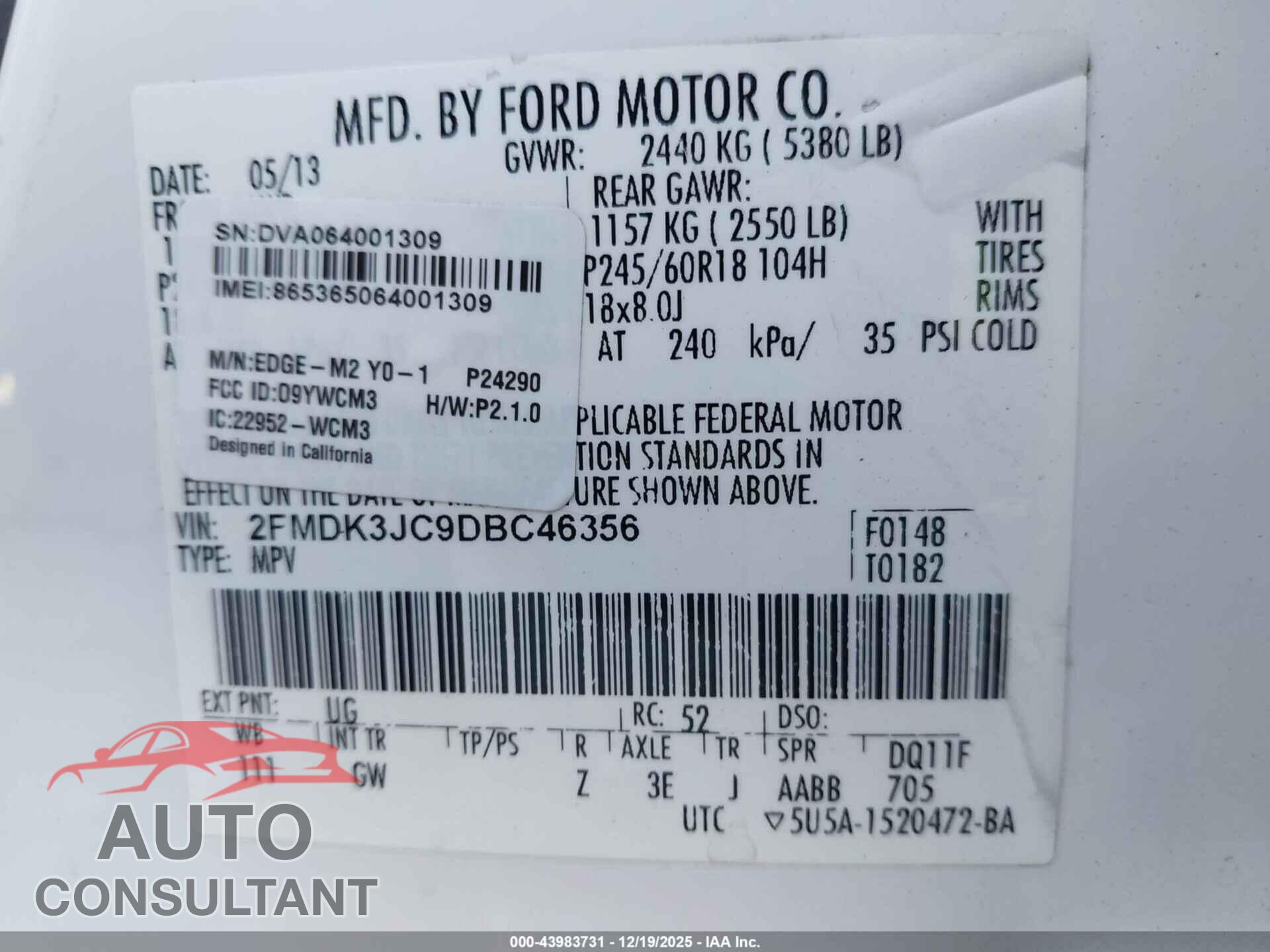 FORD EDGE 2013 - 2FMDK3JC9DBC46356