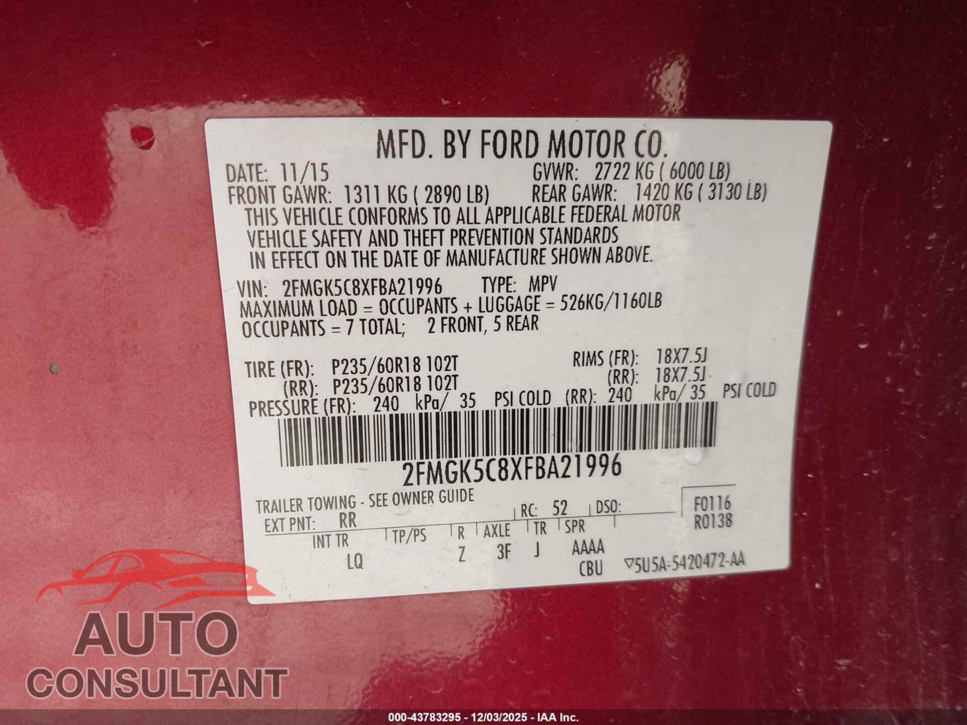 FORD FLEX 2015 - 2FMGK5C8XFBA21996