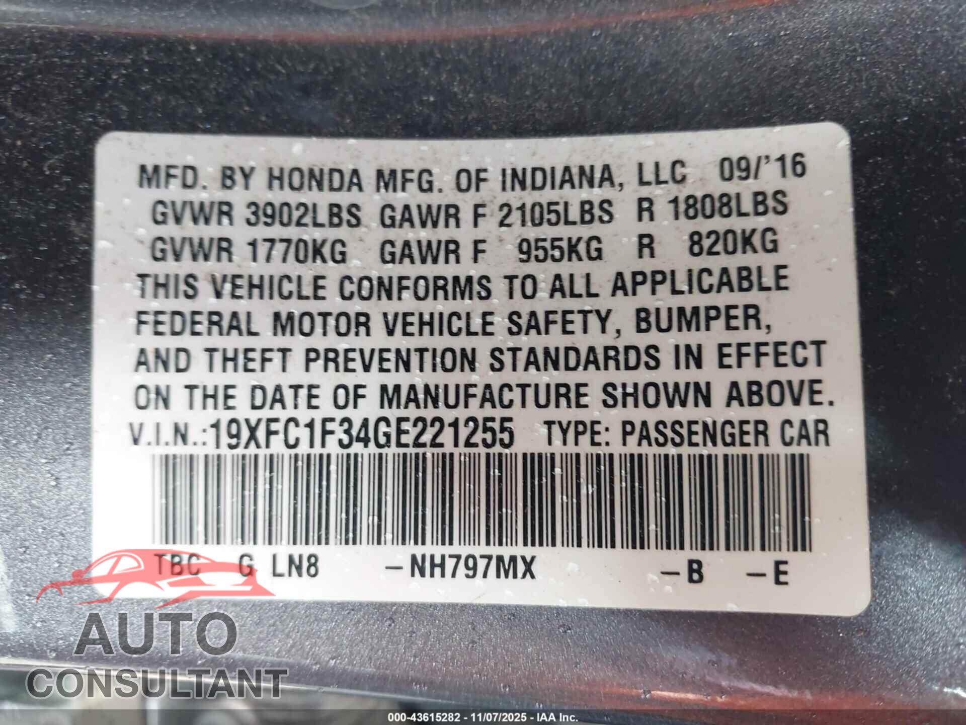 HONDA CIVIC 2016 - 19XFC1F34GE221255