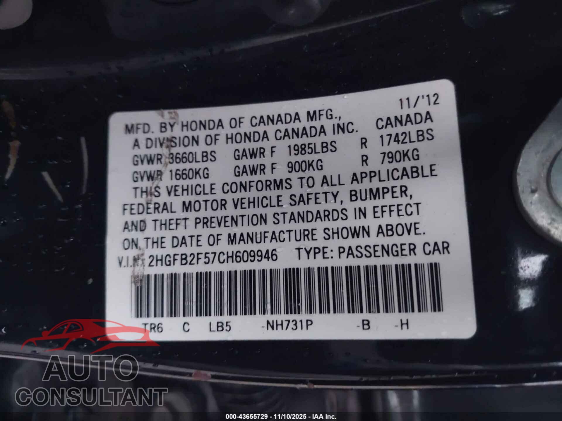 HONDA CIVIC 2012 - 2HGFB2F57CH609946