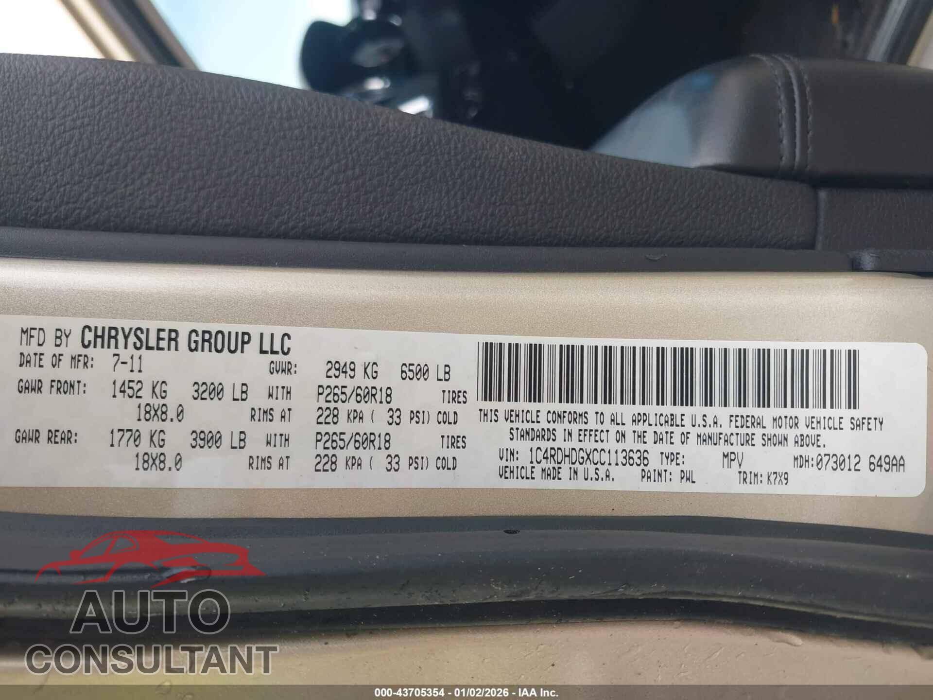 DODGE DURANGO 2012 - 1C4RDHDGXCC113636