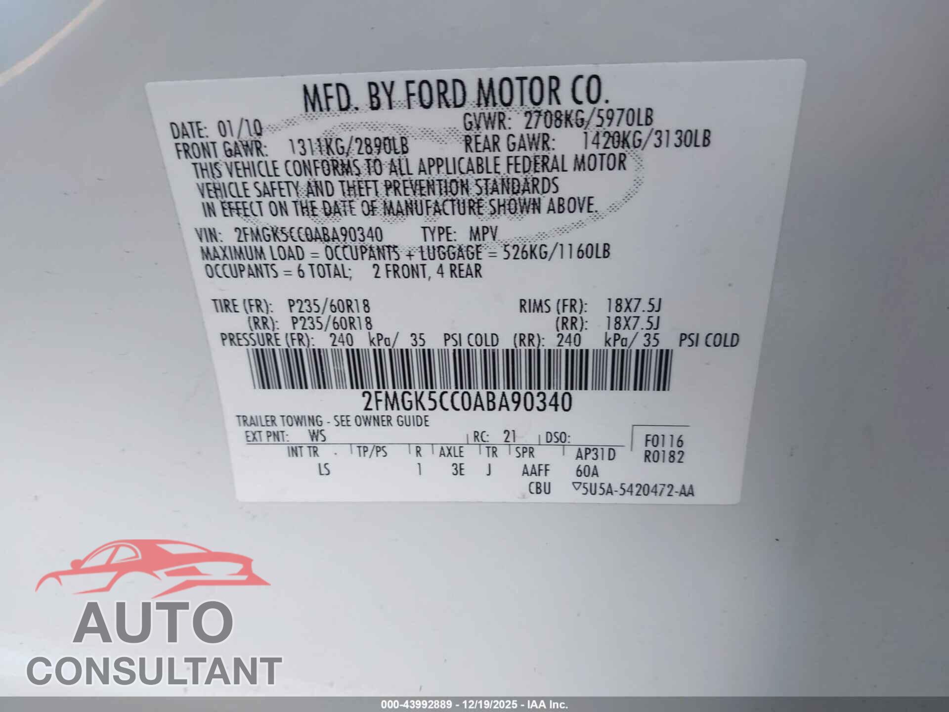FORD FLEX 2010 - 2FMGK5CC0ABA90340