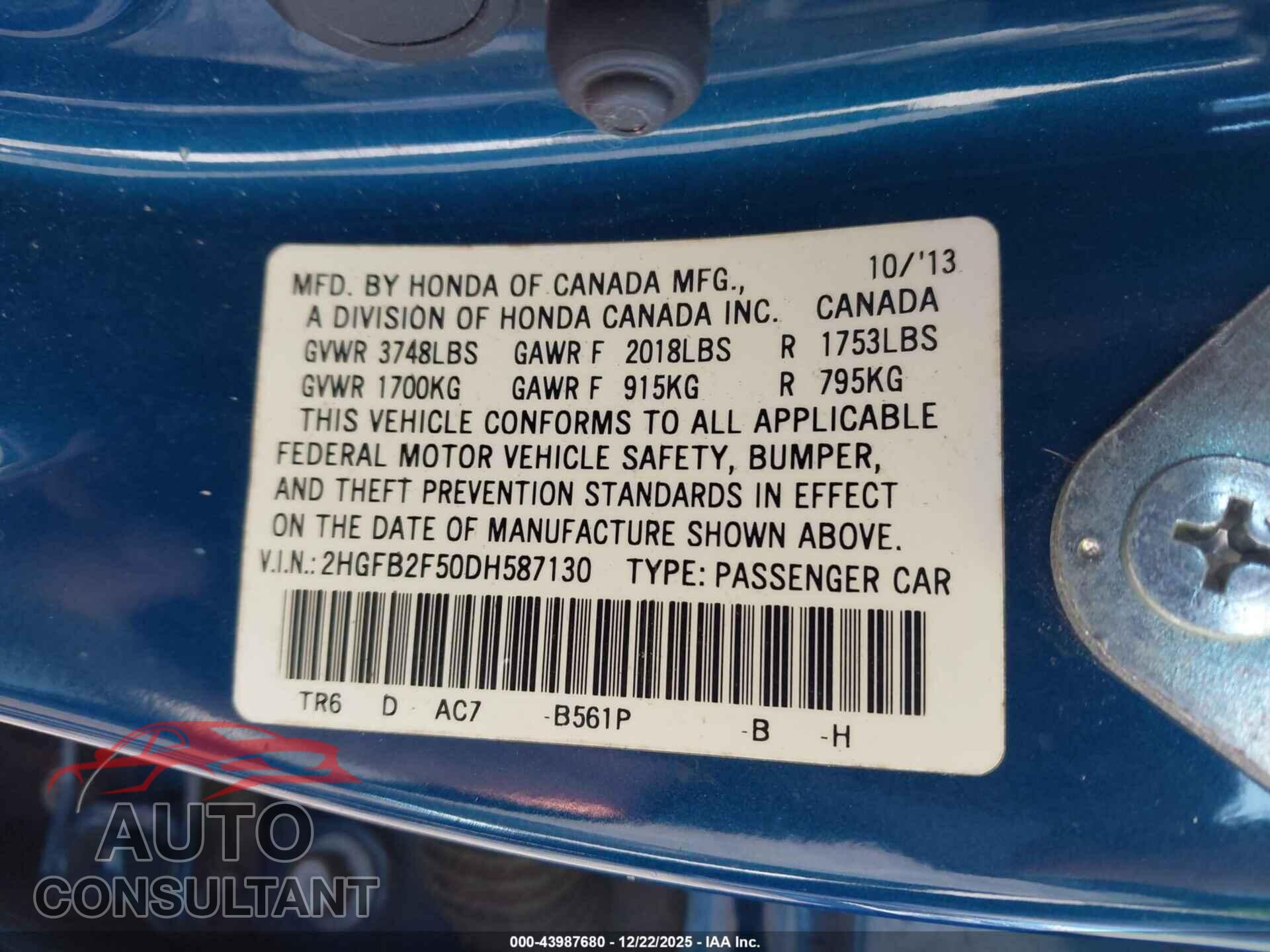 HONDA CIVIC 2013 - 2HGFB2F50DH587130