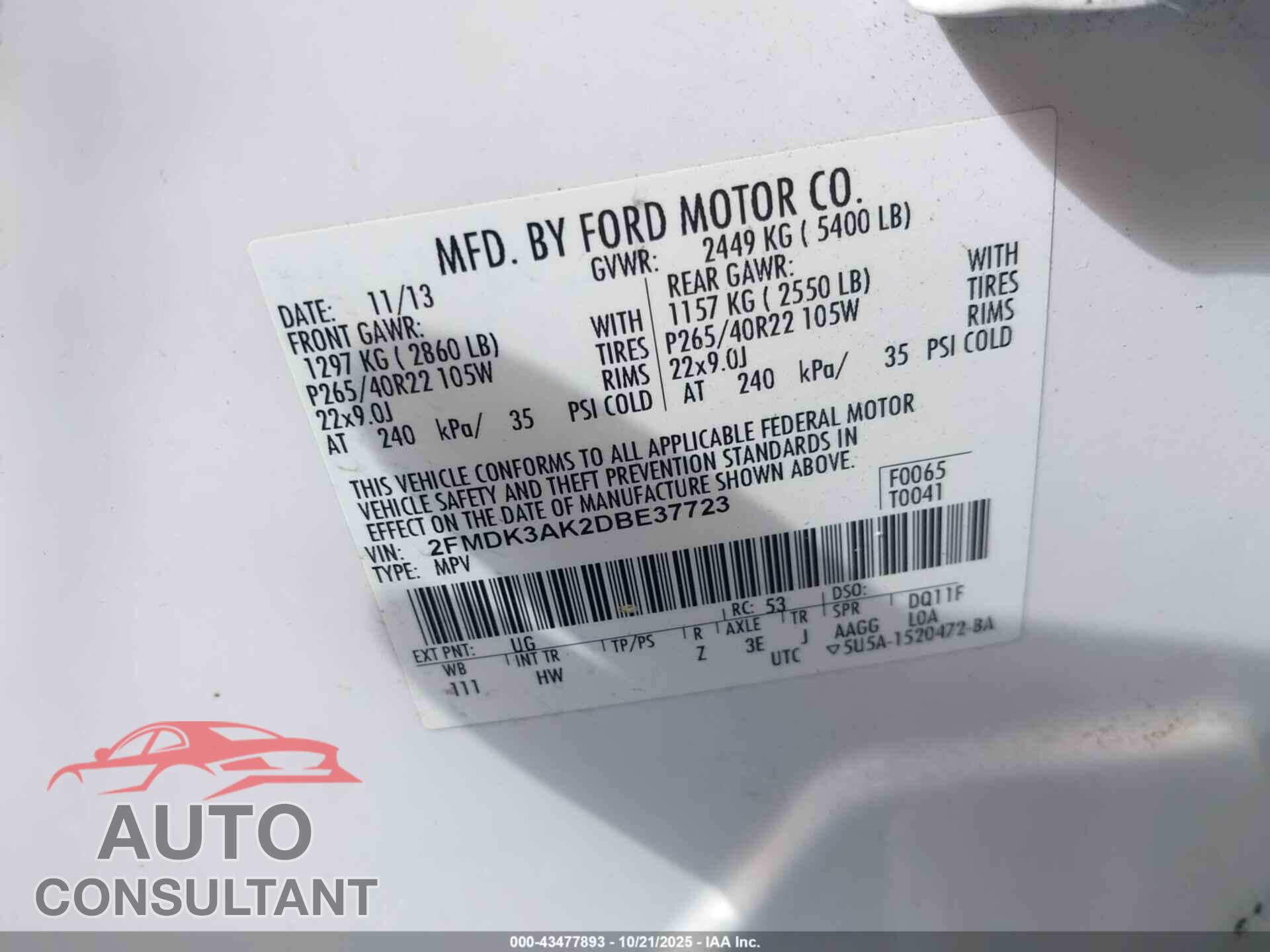 FORD EDGE 2013 - 2FMDK3AK2DBE37723