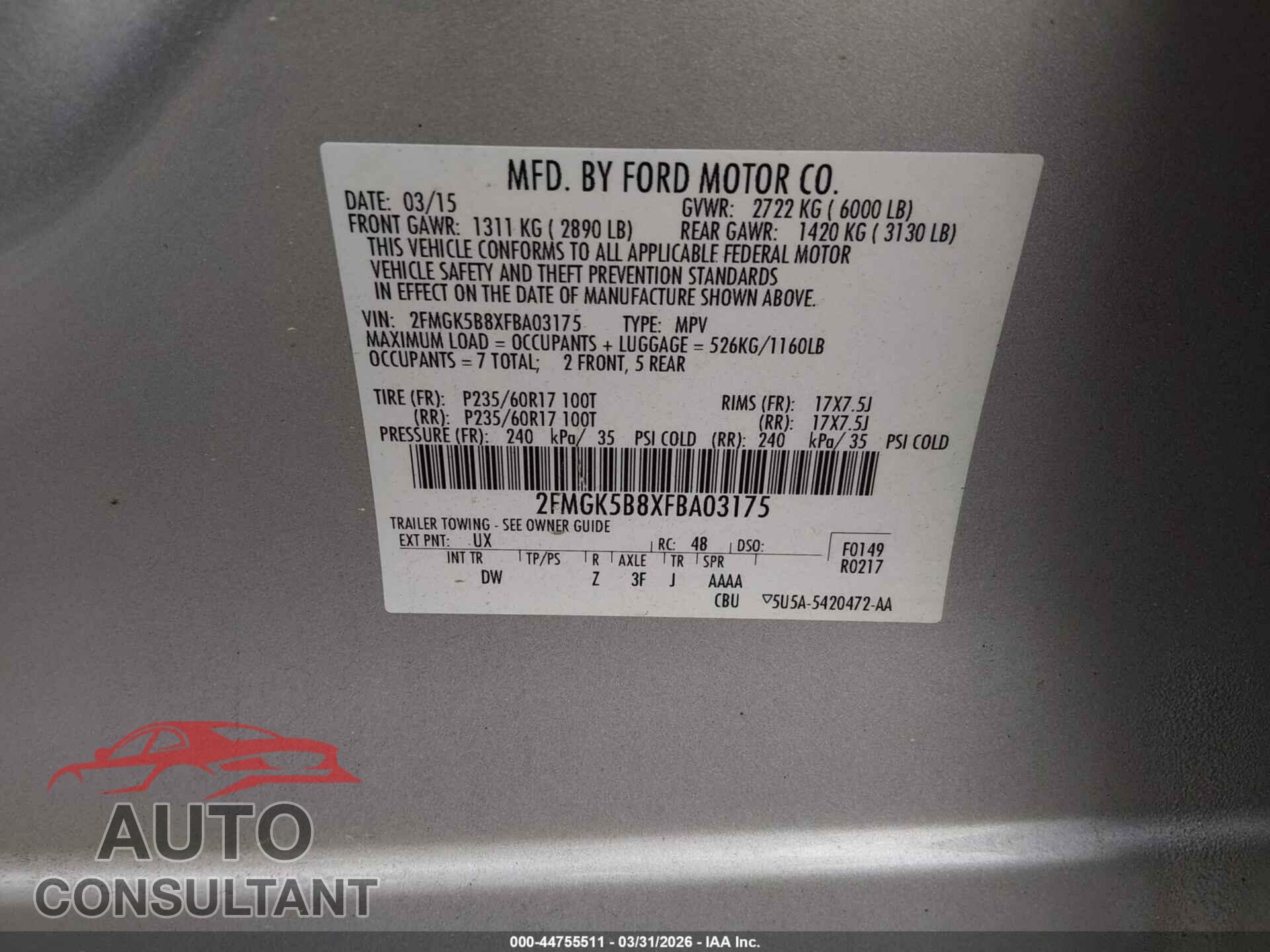 FORD FLEX 2015 - 2FMGK5B8XFBA03175