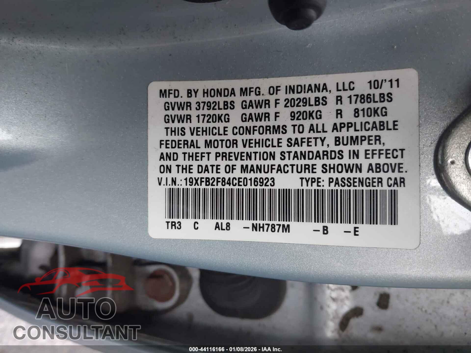 HONDA CIVIC 2012 - 19XFB2F84CE016923