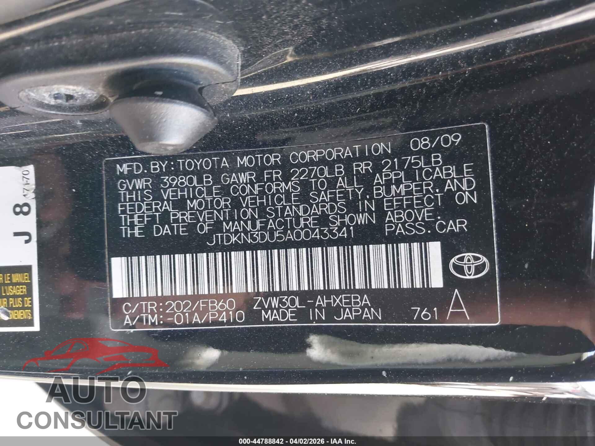 TOYOTA PRIUS 2010 - JTDKN3DU5A0043341