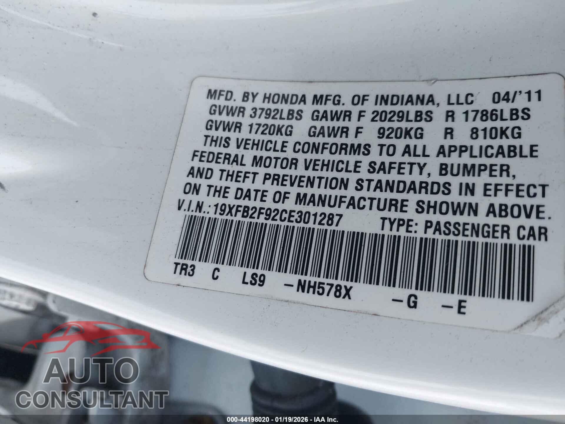 HONDA CIVIC 2012 - 19XFB2F92CE301287