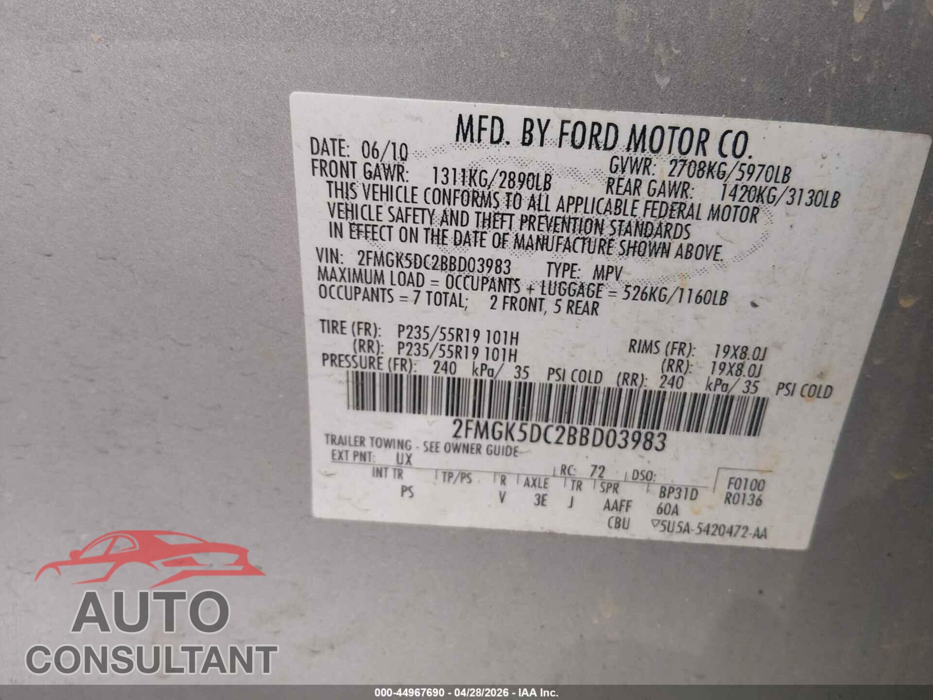 FORD FLEX 2011 - 2FMGK5DC2BBD03983