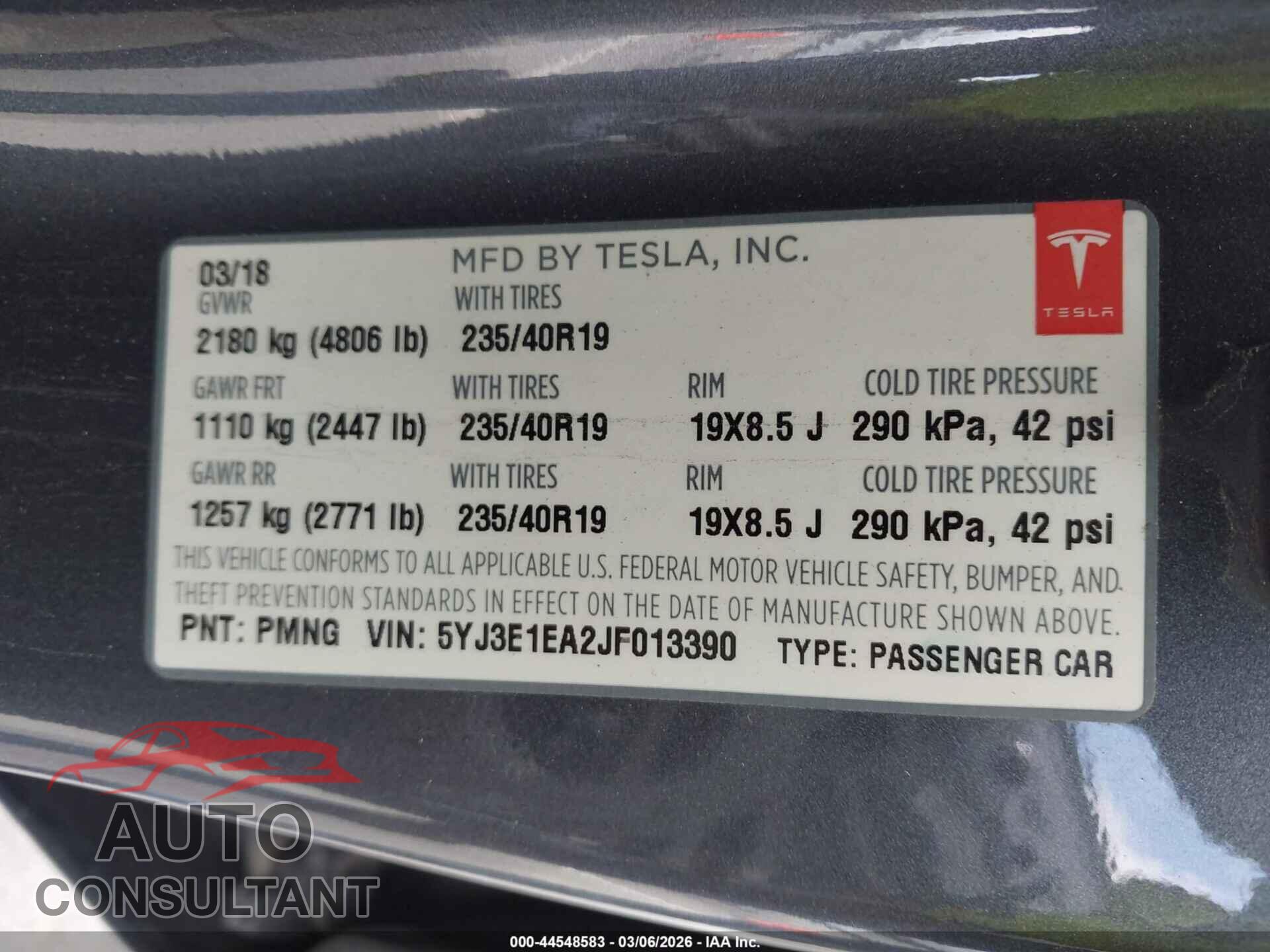 TESLA MODEL 3 2018 - 5YJ3E1EA2JF013390