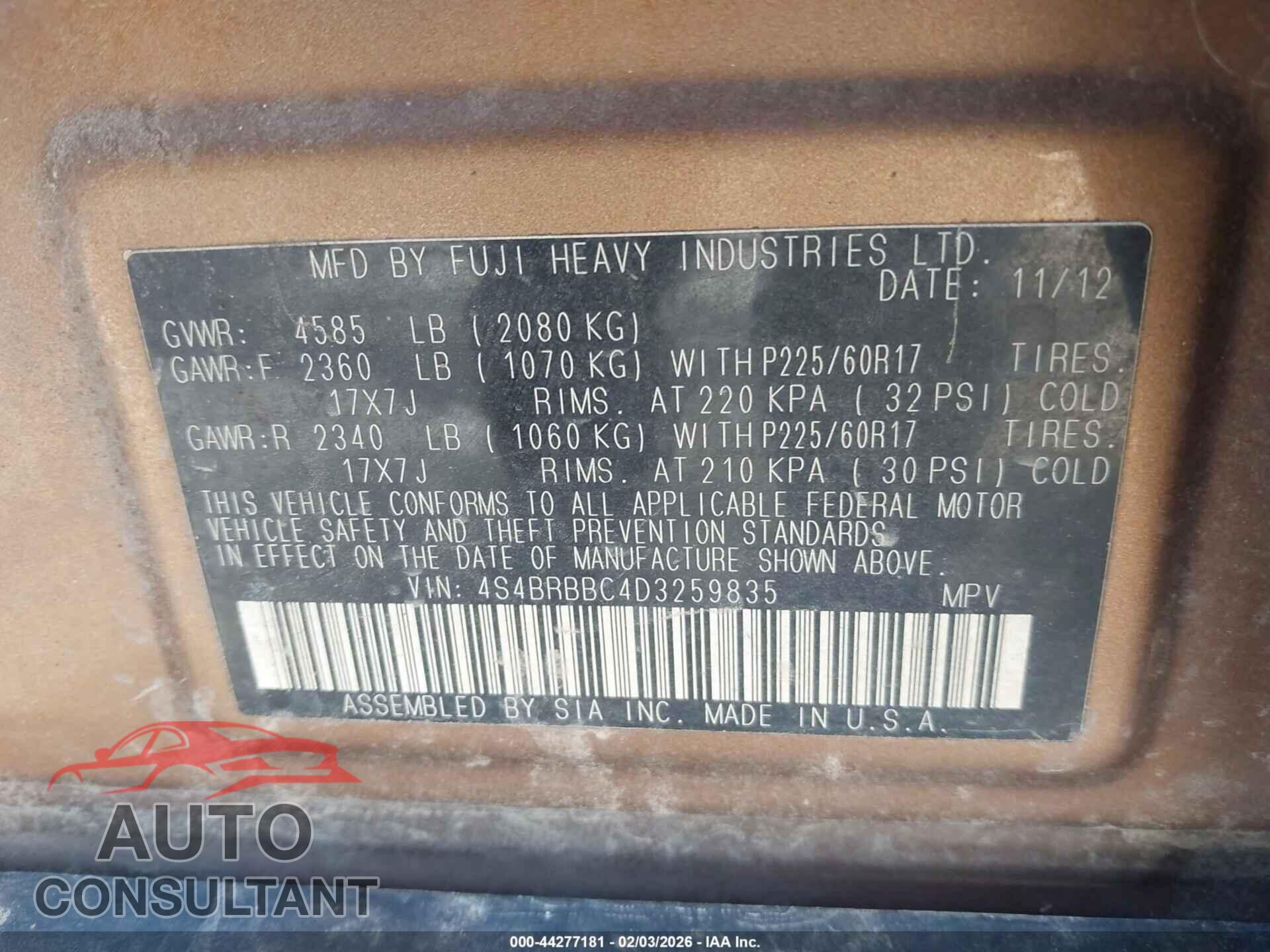 SUBARU OUTBACK 2013 - 4S4BRBBC4D3259835